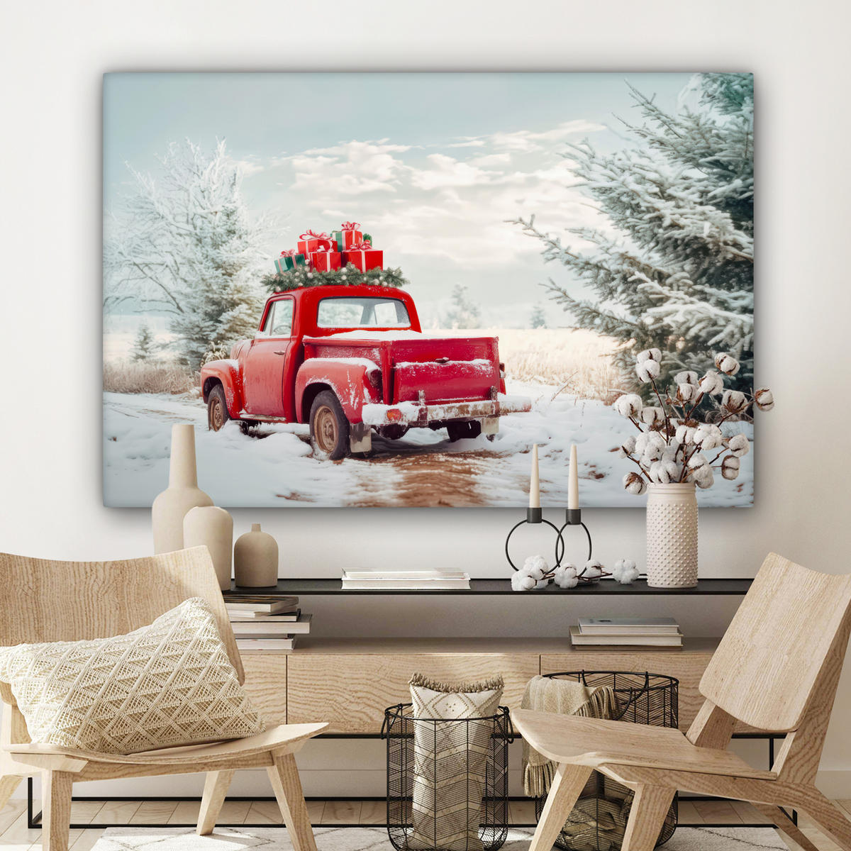 LEINWANDBILD Auto - Rot - Geschenke - Winter - Schnee - Weihnachten XXL 150x100 cm - Rot, Textil (150/100cm) - MuchoWow