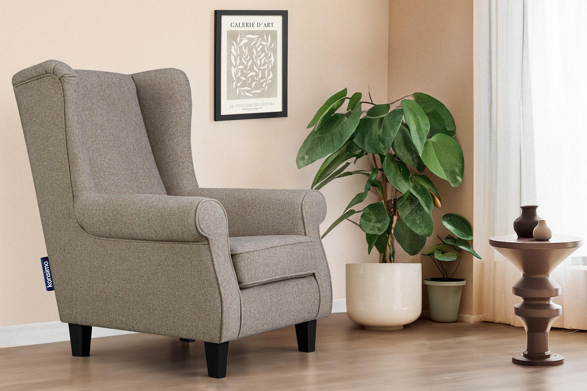 OHRENSESSEL MILES Massivholzbeine schwarz, hellbraun - Hellbraun, Holzwerkstoff/Buchenholz (82/105/97cm) - KONSIMO®