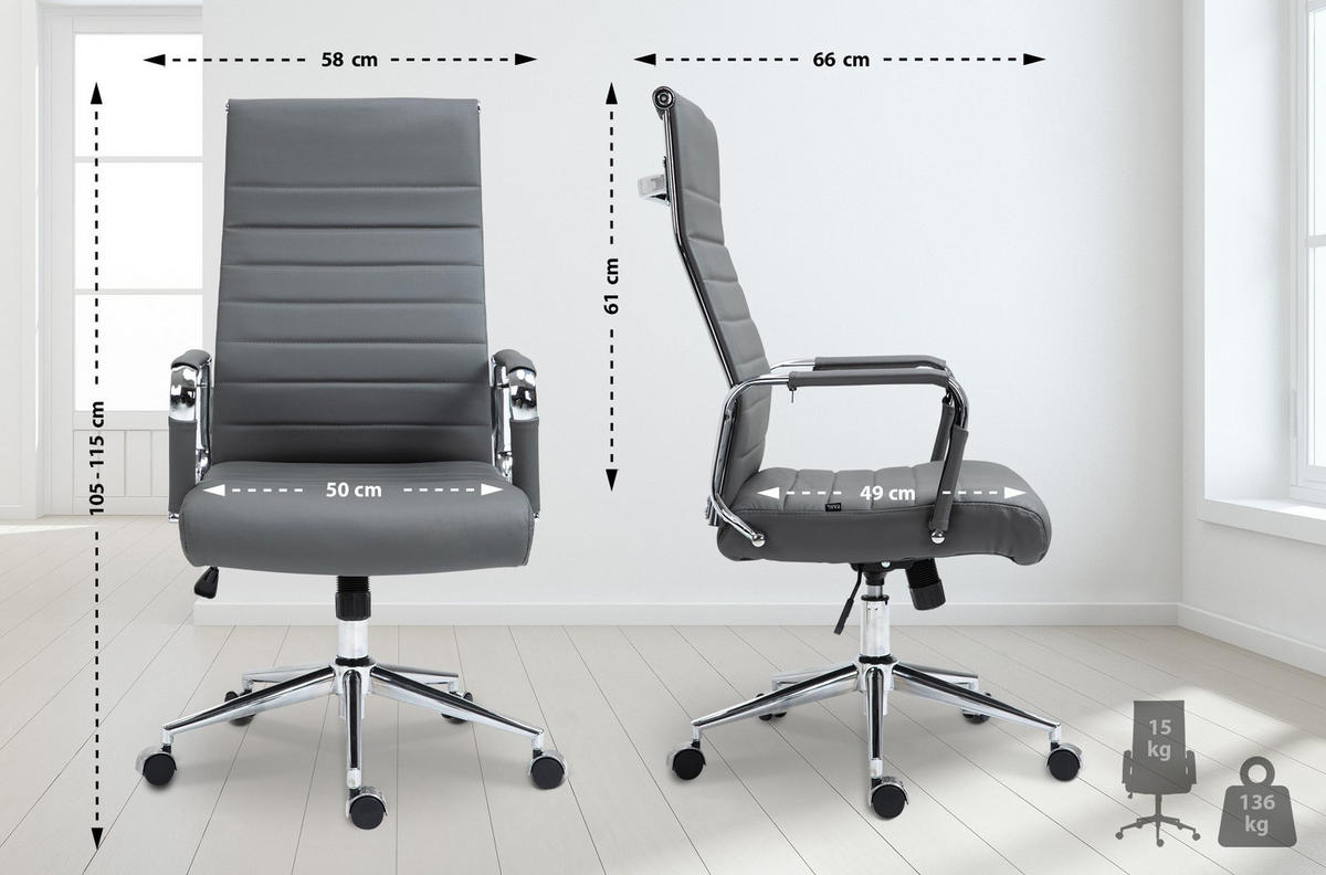 KONTORSSTOL Kolumbus äkta läder - Kromfärg/Grå, Läder/Metall (58/105/66cm) - CLP