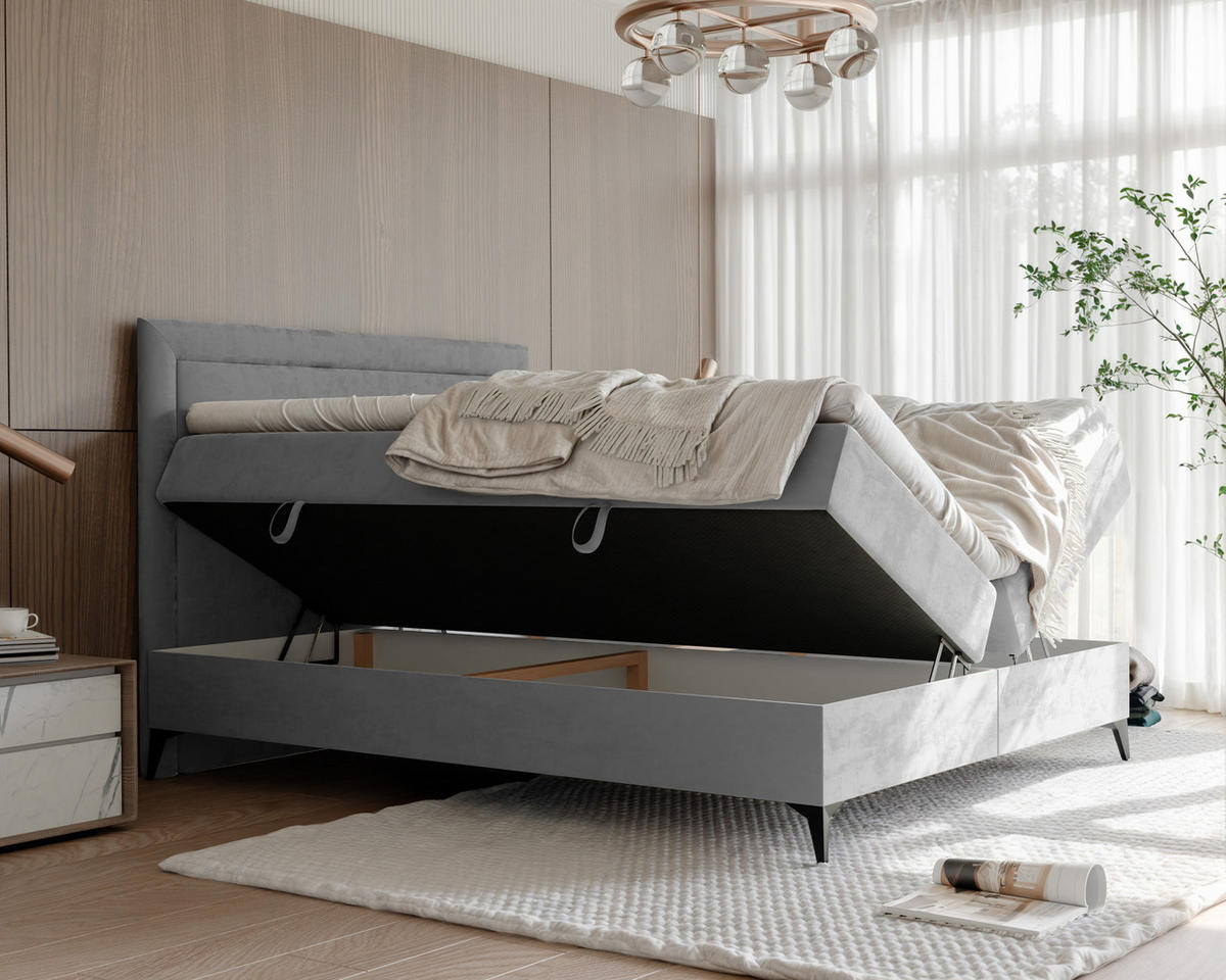 BOXBETT NERO 200/200 cm mit Matratze und Topper, Hellgrau - Hellgrau/Schwarz, Holzwerkstoff/Textil (200/200cm) - Idohome