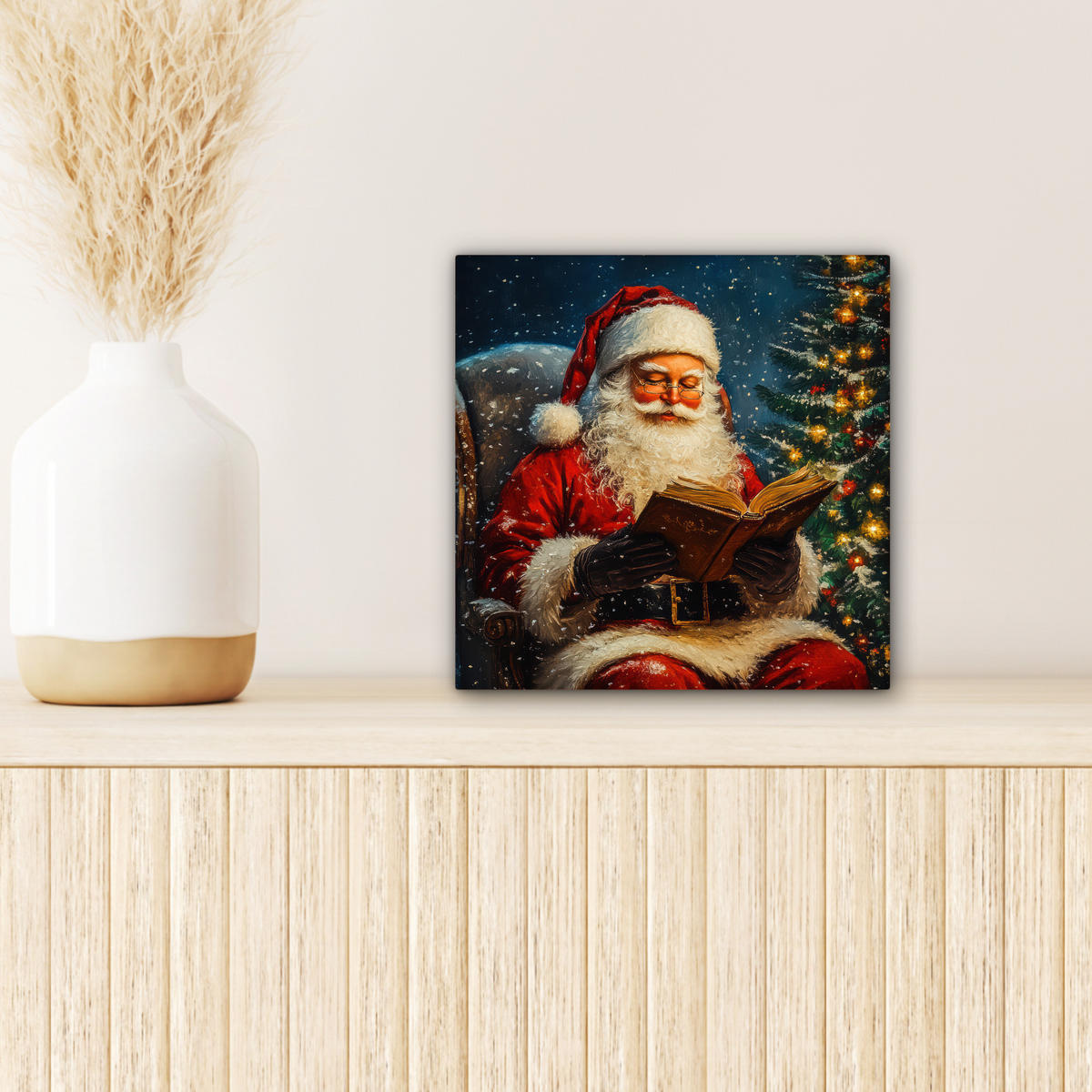 LEINWANDBILD Weihnachtsmann - Weihnachten - Winter - Weihnachtsbaum Deko Wohnzimmer 20x20 cm - Bordeaux, Textil (20/20cm) - MuchoWow