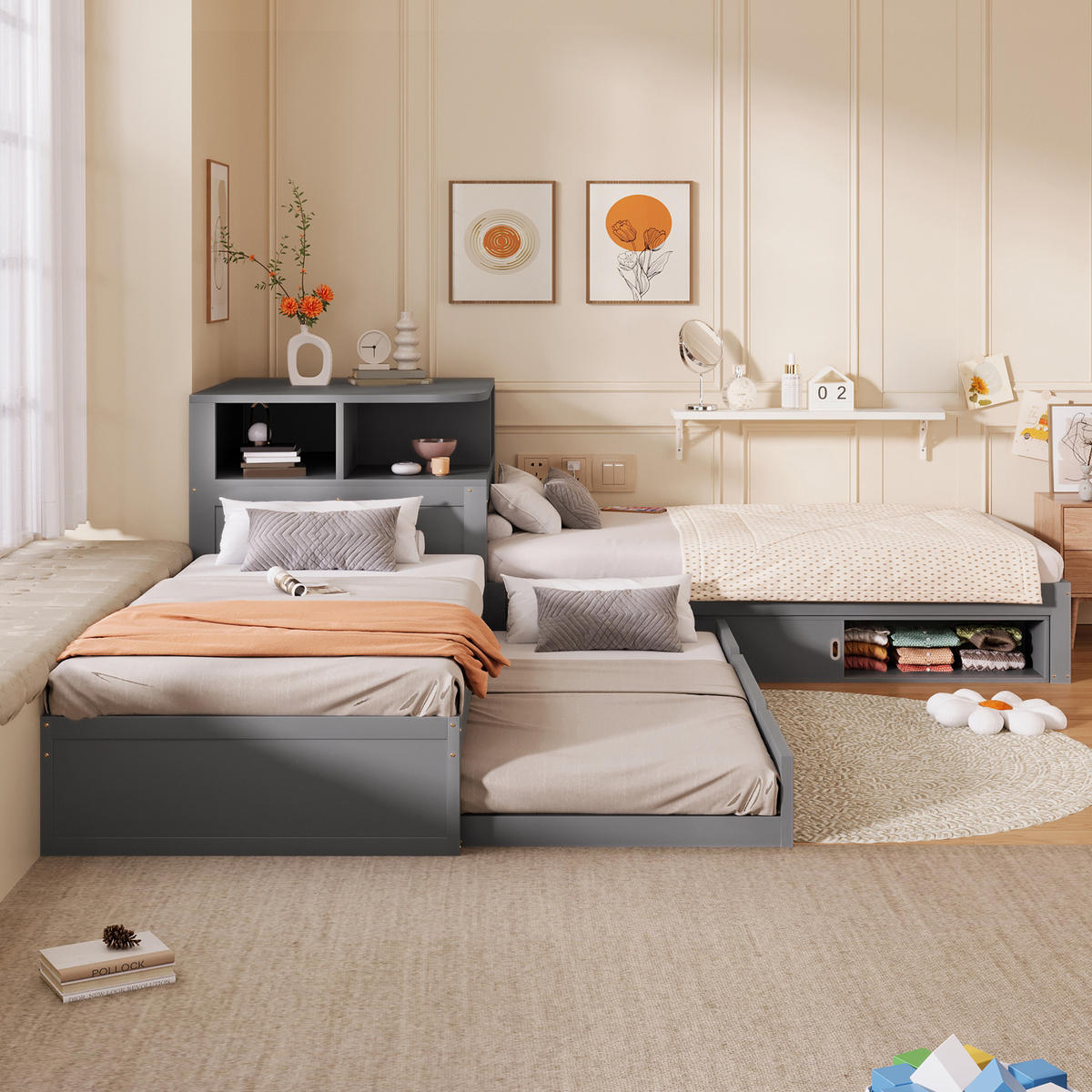 PLATTFORMBETT grau 90 × 200 cm aus MDF‑Kiefernholz mit Ausziehbett, Schiebetür‑Stauraum und Nachtlicht - Grau, Holzwerkstoff (90/200cm) - Luhomfu