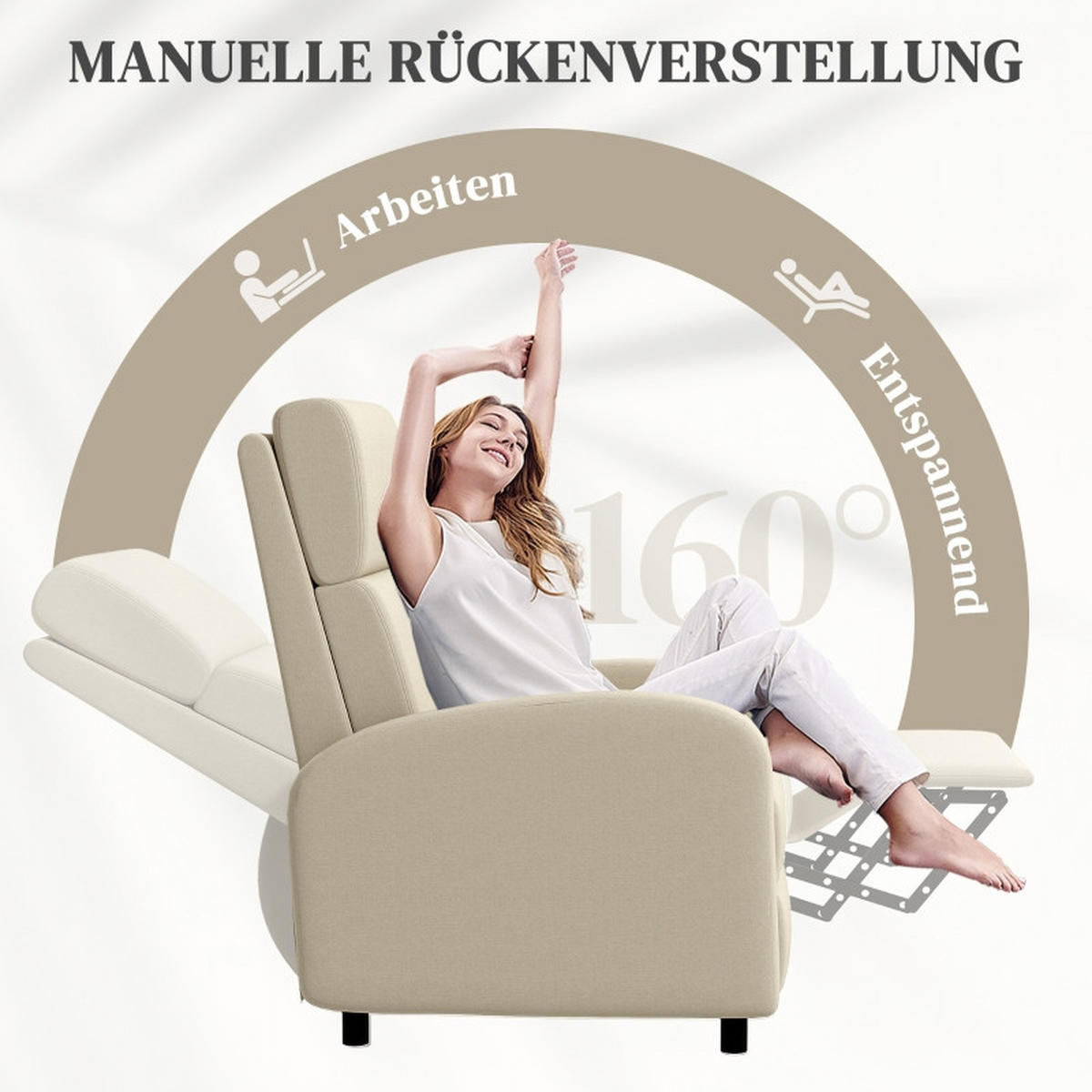 RELAXSESSEL Leinenoptik mit Neigungsverstellung, Fußstütze 64/86/102 cm Cremeweiß - Creme, Textil (64/102/86cm) - Redom