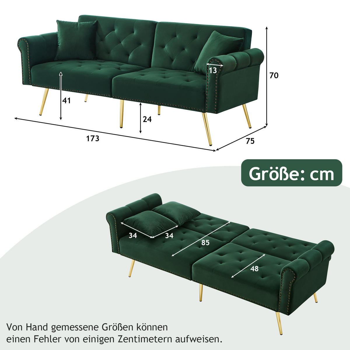SCHLAFSOFA 2-Sitzer Samt mit 3-stufig verstellbarer Rückenlehne Antikgrün 173/75/70 cm - Grün, Textil (70/173/75cm) - Redom
