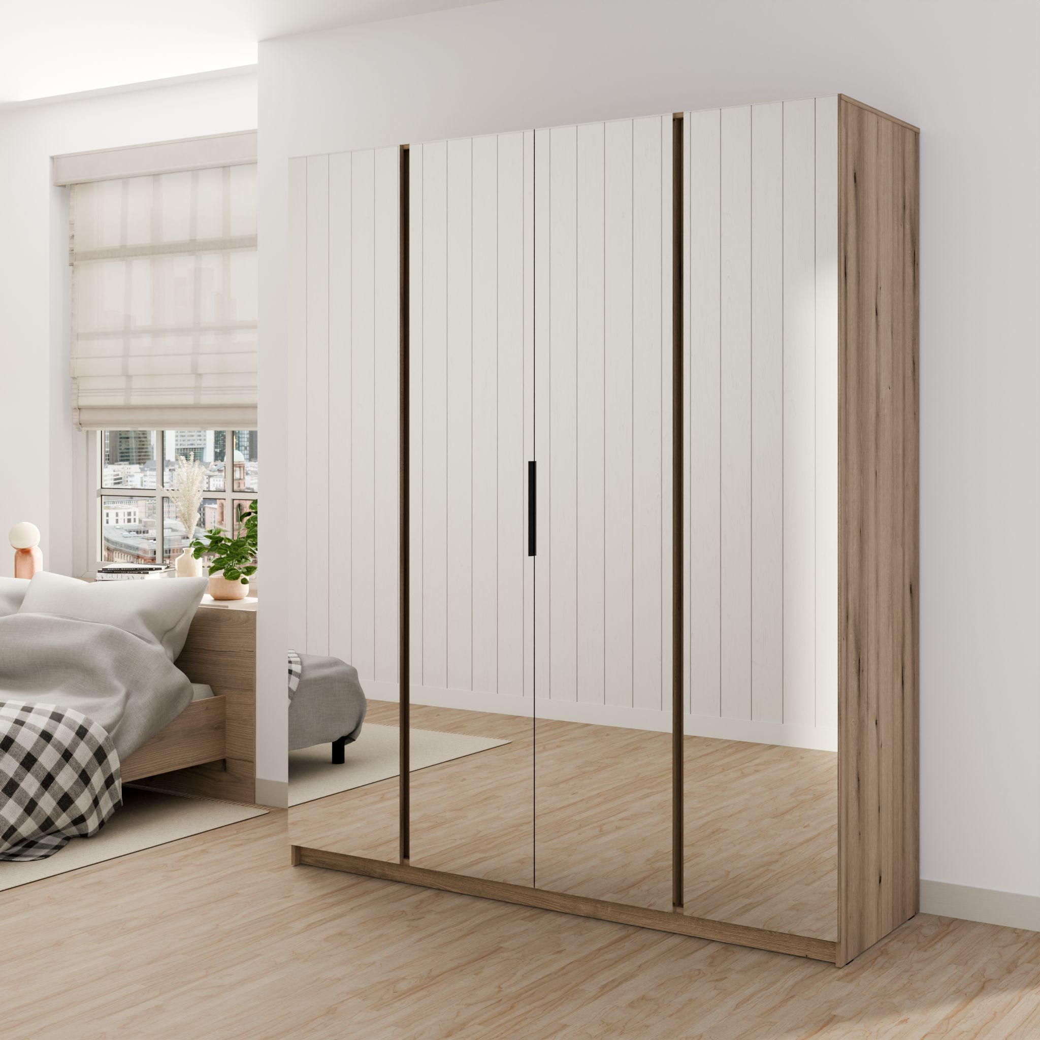 DREHTÜRENSCHRANK CAGLIARI 200/239/61,9cm 4-türig mit Spiegel Goldfarben - Goldfarben, Holzwerkstoff (200/239/61.9cm) - MASSENO