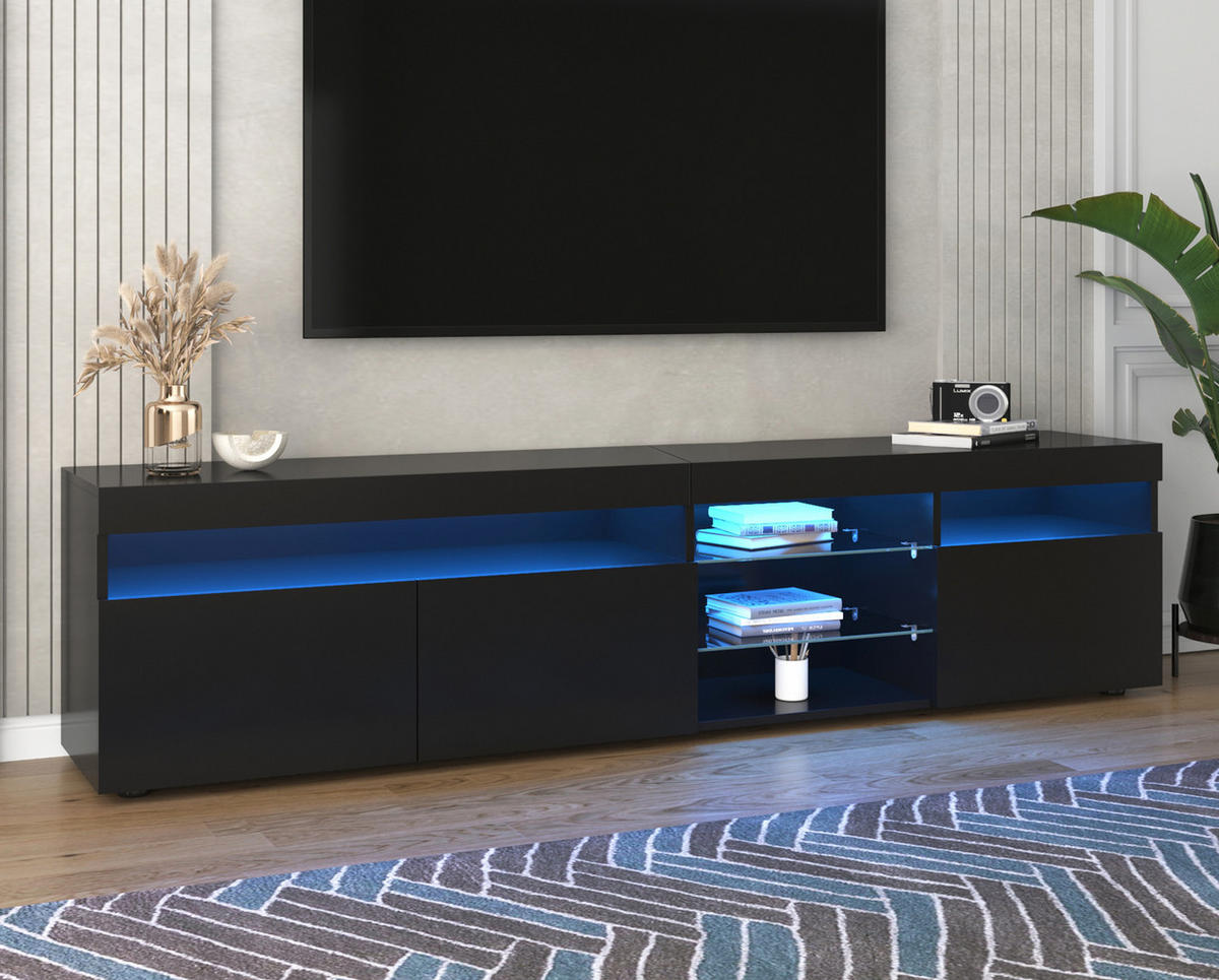 TV-LOWBOARD 180/35/48 cm mit 3 Türen und LED-Beleuchtung - Schwarz, Holzwerkstoff (180/48/35cm) - BEAOK