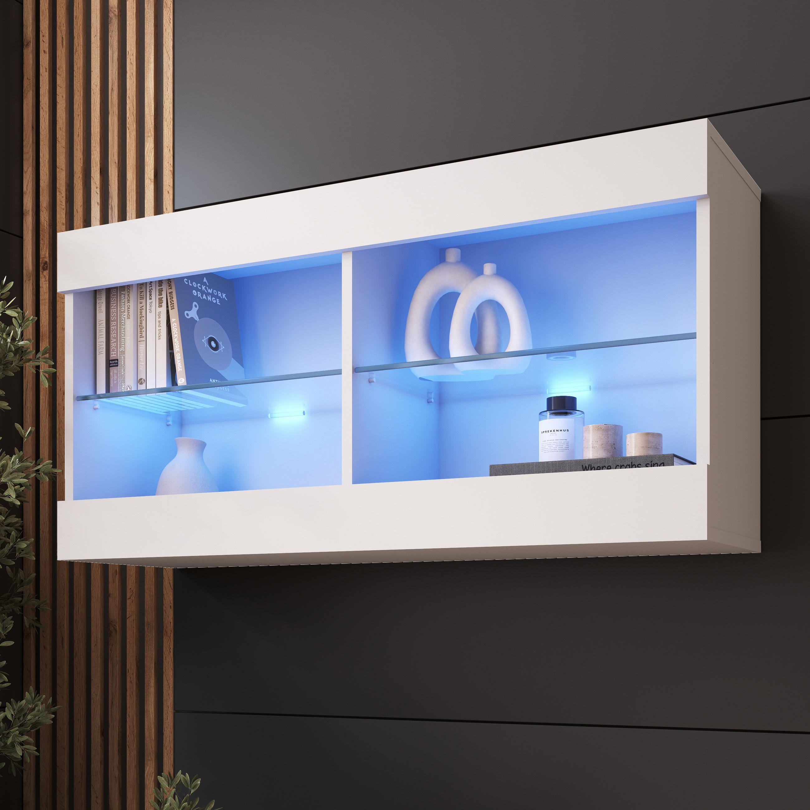 HÄNGEVITRINE TIVOLI HORIZONTAL 100, Weiss, LED Blau - Weiß, Glas/Holzwerkstoff (100/50/29.5cm) - Komodee