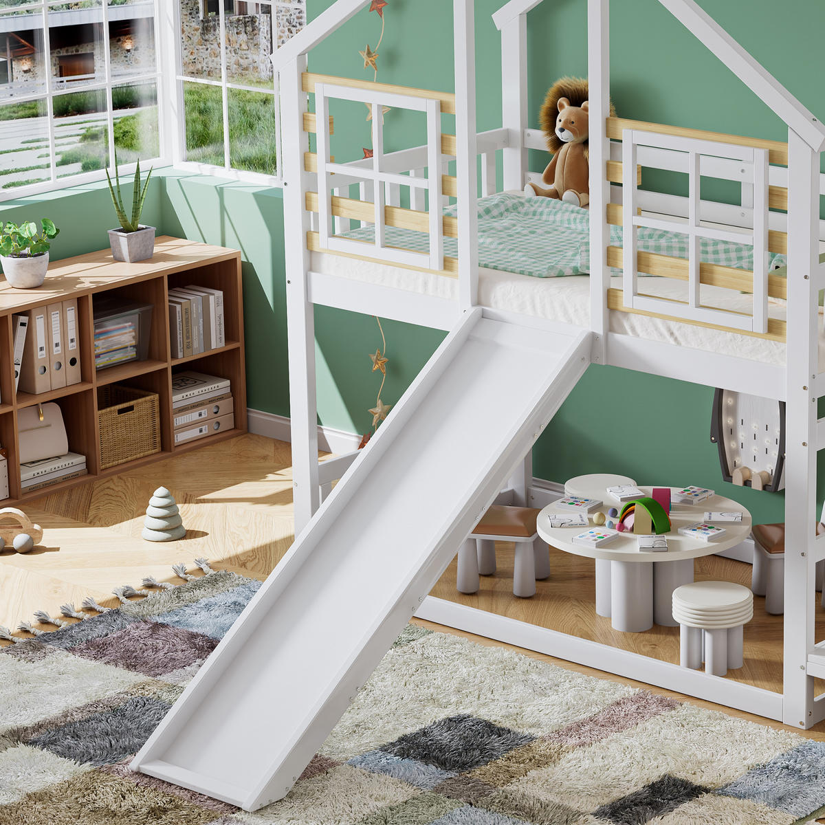 ETAGENBETT 90/200 cm Weiß Blockhaus mit Rutsche und Gitter aus Massivholz - Weiß, Holzwerkstoff (90/200cm) - OKWISH