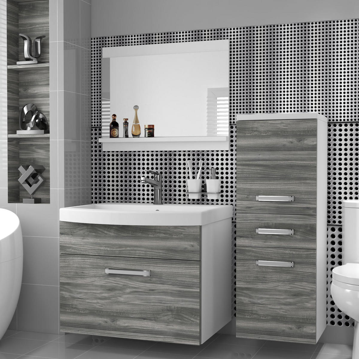 BADMÖBEL Badezimmer SET PRI M2, Glamour Holz Matt, 90 cm - Silberfarben, Holz (38.7/81/90cm) - B BELINI GROUP