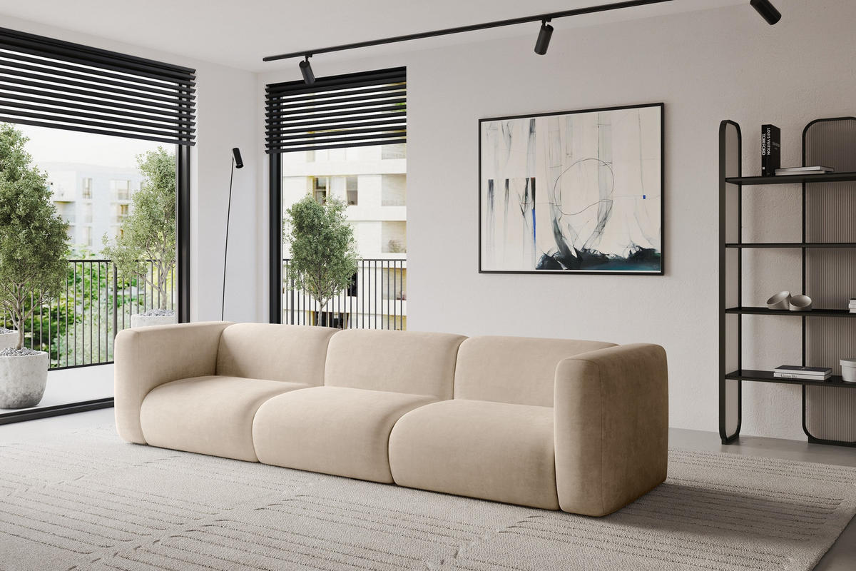 MODULÁRNÍ pohovka MIRA-S2, 3místná, 319 × 89 × 70 cm, béžová, velur - černá/šedobéžová, kompozitní dřevo/textil (319/70/89cm) - ALTDECOR