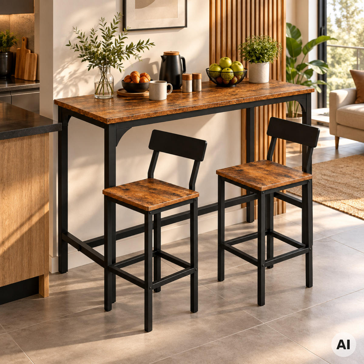 BARTISCH mit 2 Barstühlen mit Rückenlehne 3-teiliges Set Industrial Rustikal Braun Schwarz 108x50x90 cm - Dunkelbraun/Schwarz, Holzwerkstoff/Metall (108/90/50cm) - Begryf