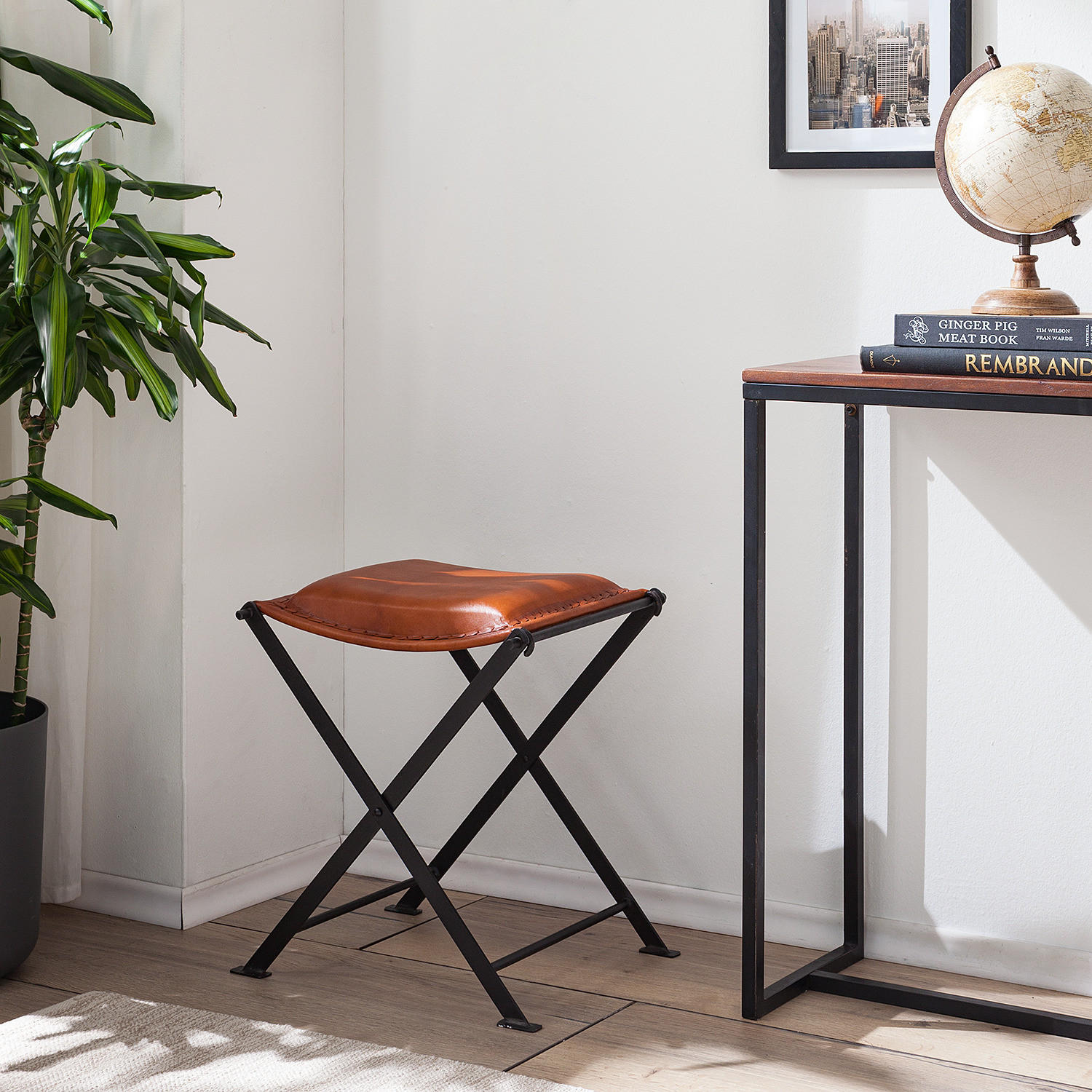 HOCKER - Echtleder / Metall, Cognac / Schwarz - Cognac, Leder (45/50/40cm) - home24