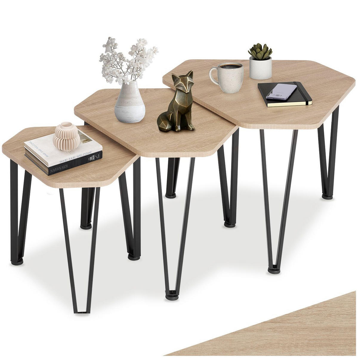 BEISTELLTISCH-SET Torquay,stapelbar,Industrial Holz hell, Eiche Sonoma - Naturfarben, Holzwerkstoff (58.7/52/45.5cm) - tectake