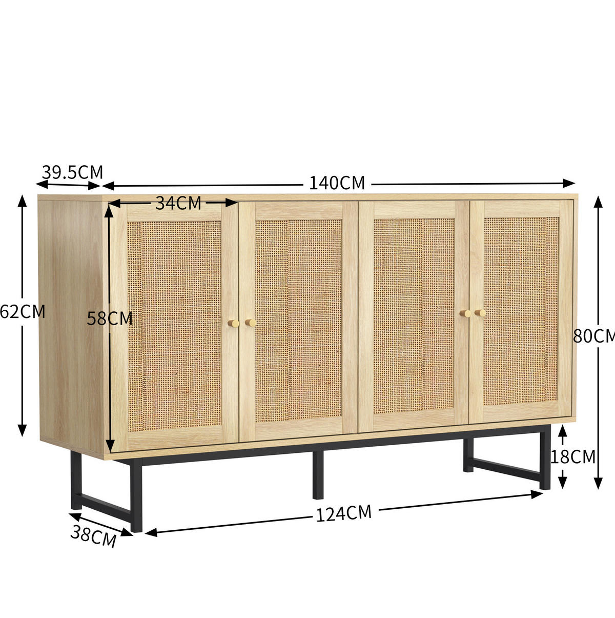 SIDEBOARD 140/39,5/80 cm aus Spanplatte mit echtem Rattangeflecht Holzfarbe - Naturfarben, Holzwerkstoff (140/80/39.5cm) - Modenvie