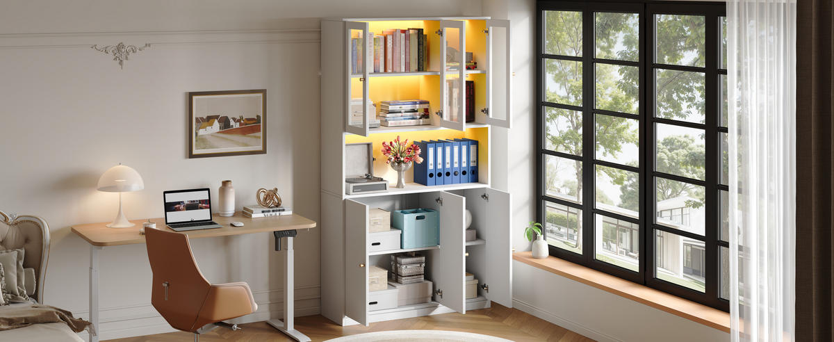 BÜCHERSCHRANK Vitrine Weiß mit Glastüren und LED-Beleuchtung 100×35×200 cm aus MDF - Weiß, Holzwerkstoff (100/200/35cm) - Luhomfu