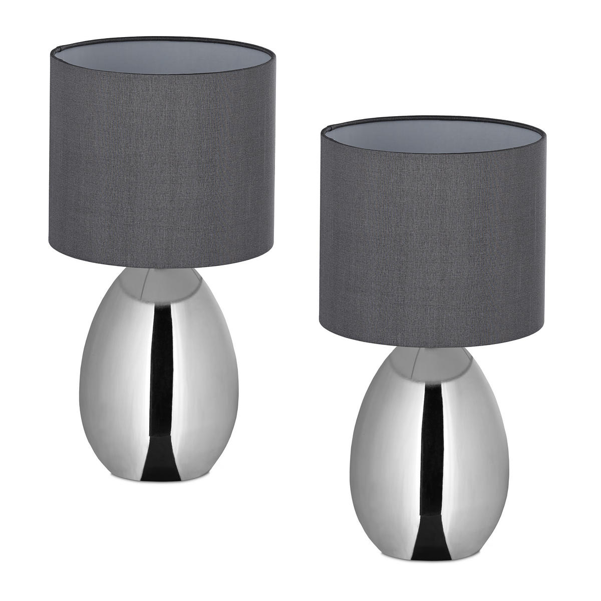 2 x Nachttischlampe - Silberfarben, Kunststoff/Textil (18/18/33.5cm) - Relaxdays