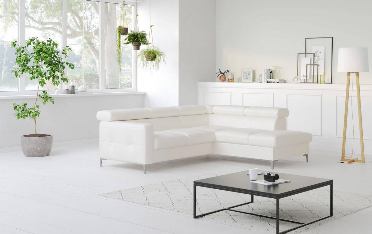 ECKSCHLAFSOFA aus Echtleder mit Schlaffunktion und Bettkasten - Chromfarben/Eiche Bianco, Leder/Holz (207/242cm) - Cotta