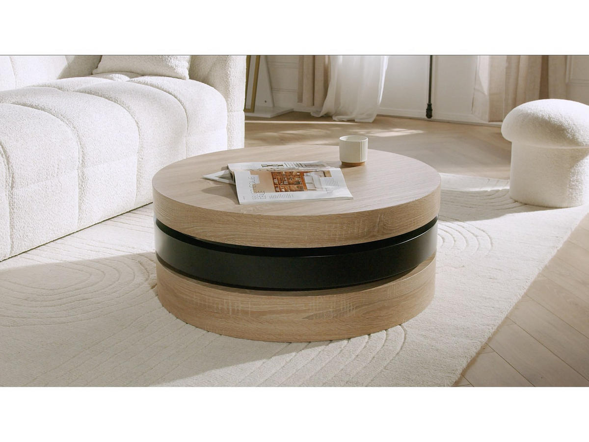 COUCHTISCH rund - drehbar - 1 Ablagefach - MDF - Weiß & Holzfarben hell - JANITA - Naturfarben, Holz (80/80/32.5cm) - Vente-Unique