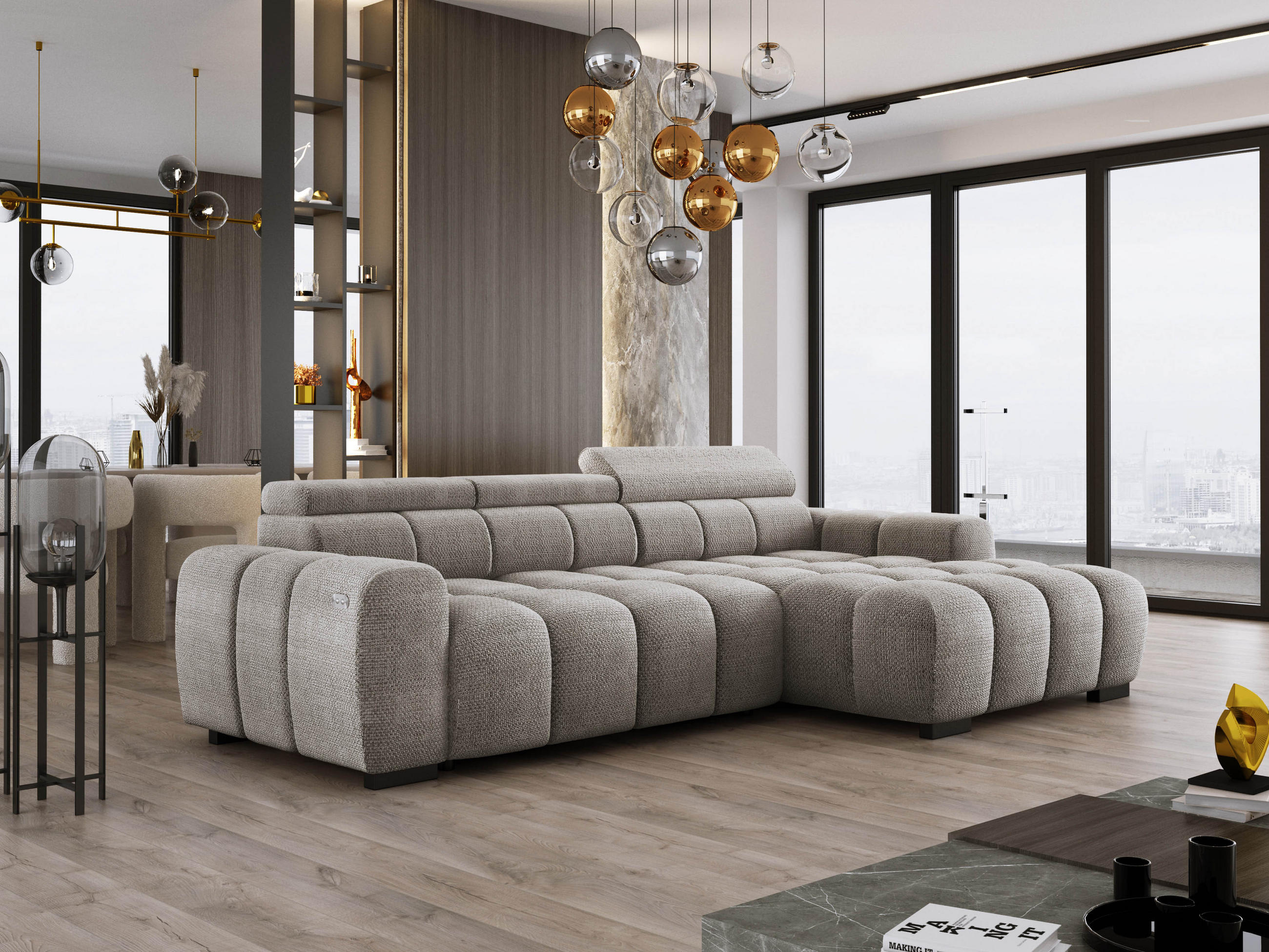 ECKSOFA OMBO 285x168x77/97 cm, Rechts, Schlaffunktion, elektr. Sitz, Kopfstützen, hydrophober EDEN-Stoff – Grau - Grau, Holz/Textil (285/168cm) - DomoHome