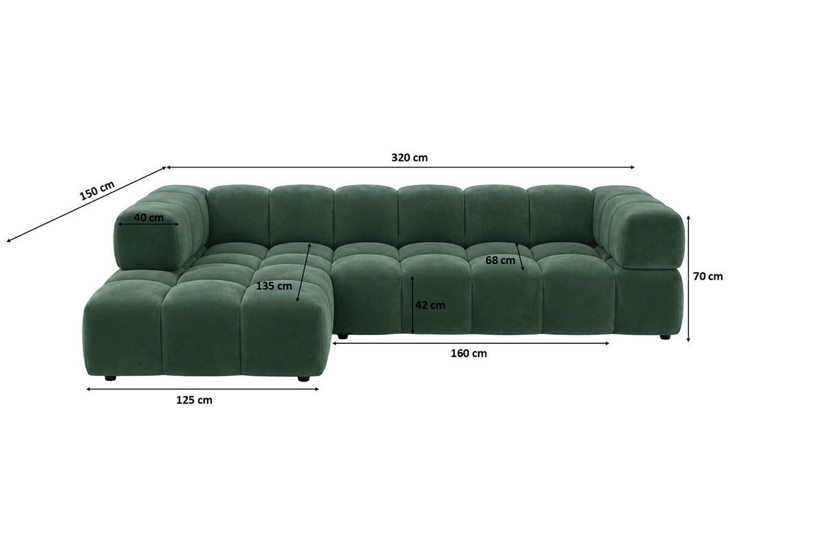 ECKSOFA L-Form, Veloursstoff Bluvel, Grün, Links, Averro XL - Grün, Holz (320/150cm) - Kaiser Möbel