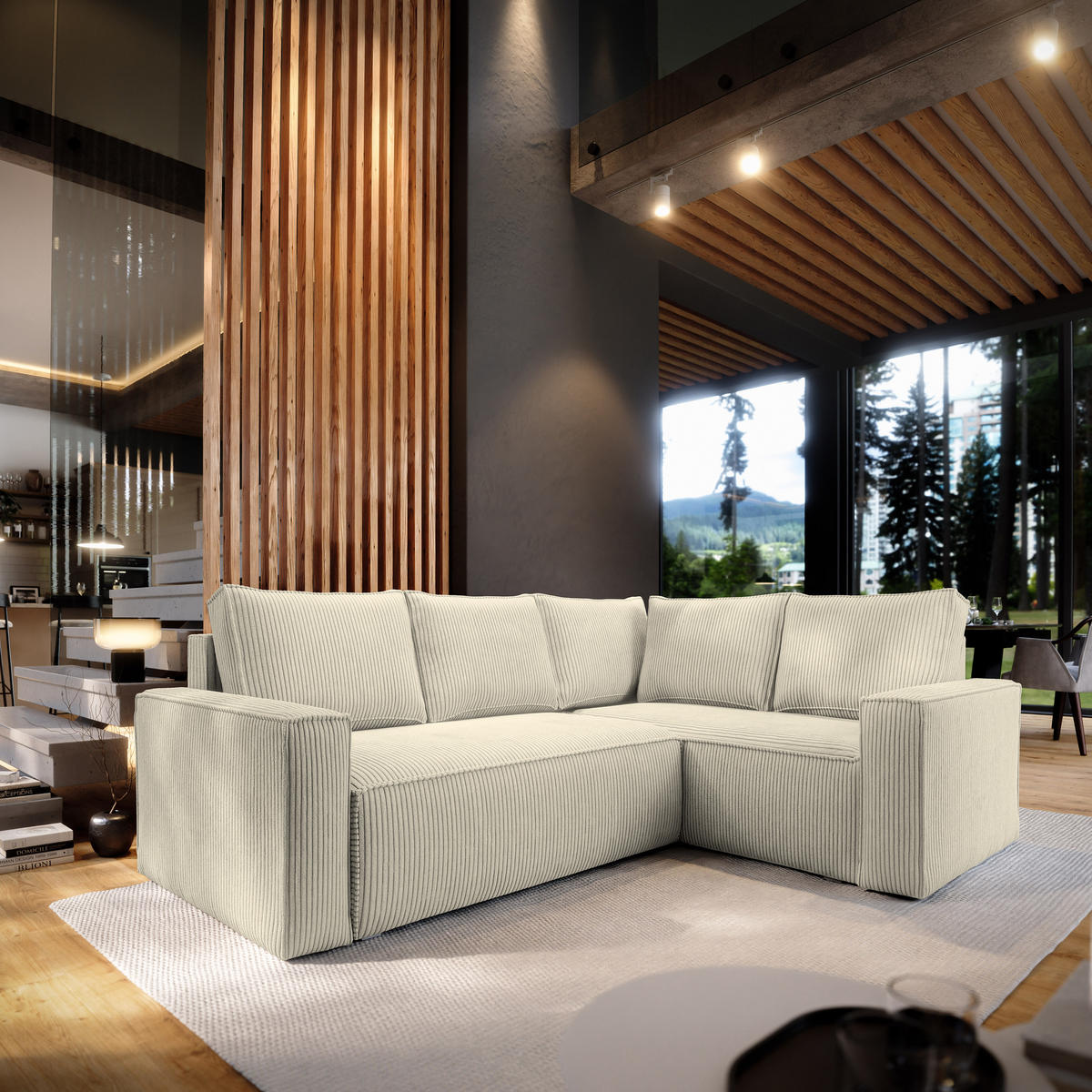 ECKSOFA ESTANO R-S Creme Kordstoff mit Schlaffunktion - Creme, Holz (230/158cm) - MASSENO