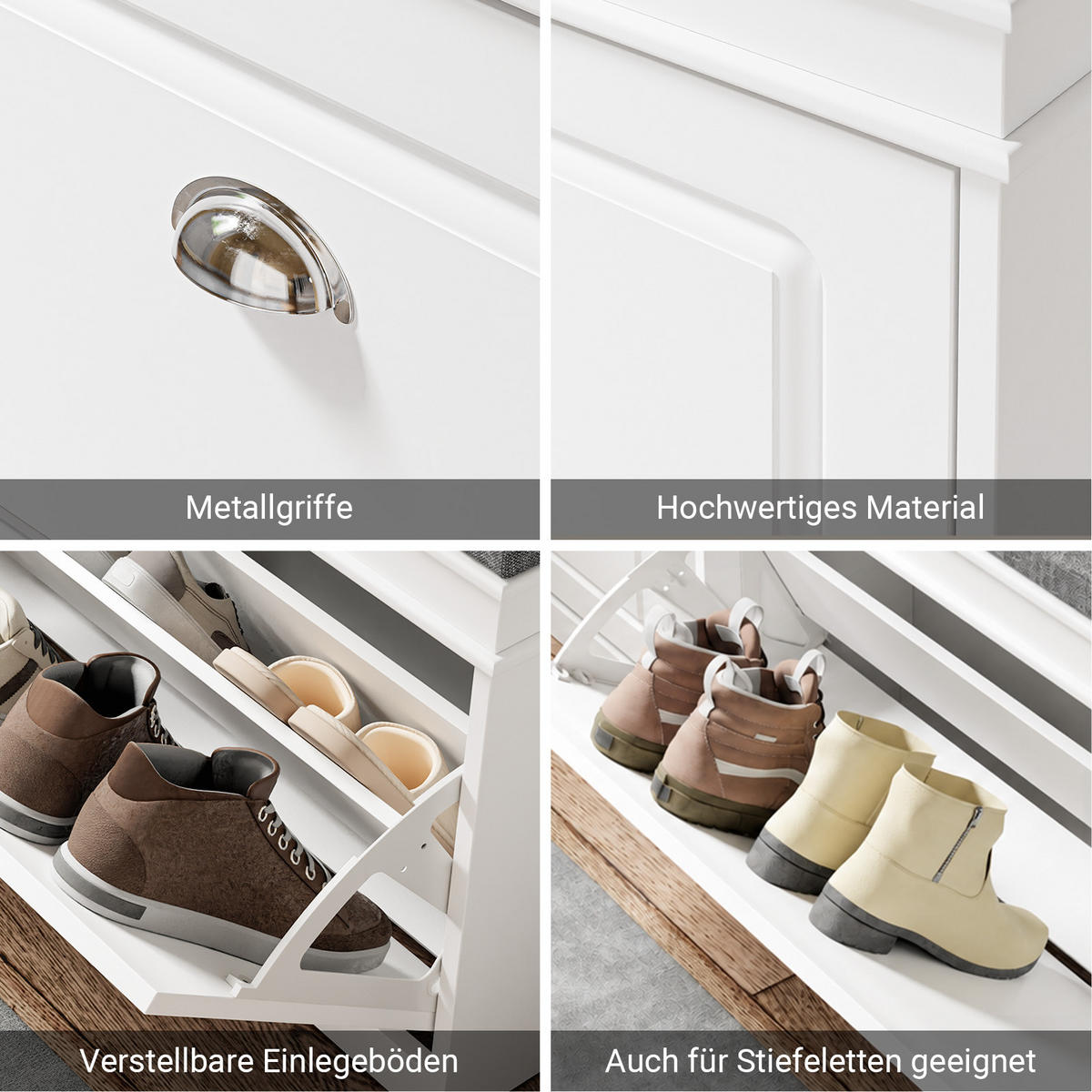 SCHUHBANK, Weiß, 60x51x24 cm, Klappe für 4 Paar, graues Sitzpolster, bis 150 kg, schmal für Flur & Diele - Weiß, Holzwerkstoff (60/51/24cm) - SoBuy