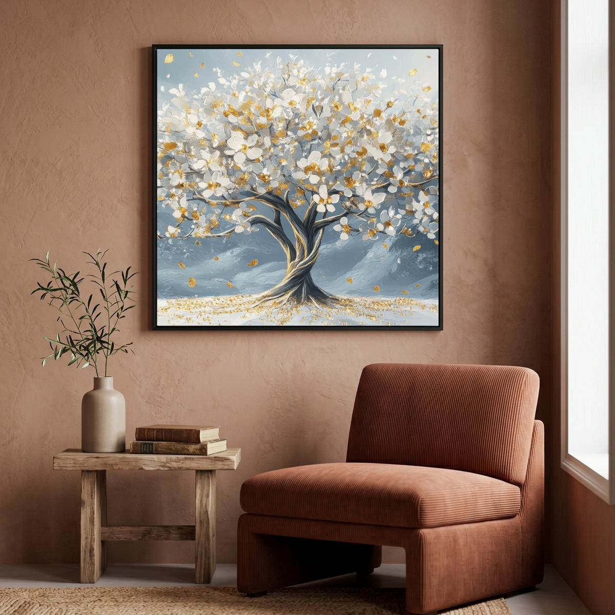 LEINWAND Bilder mit Rahmen - Baum - Winter - Baum des Lebens - Modern - Gold - 90x90 - Goldfarben, Textil (90/90cm) - MuchoWow