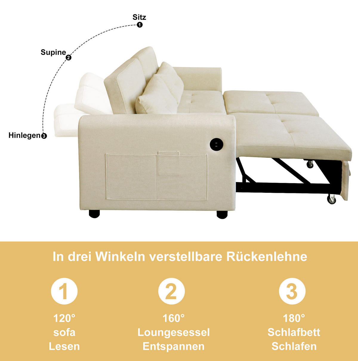 SCHLAFSOFA 3-in-1 Baumwoll-Leinen ausziehbar mit Rückenlehne 120/160/180 Grad Beige 142/85/83 cm - Beige, Textil (85/83/142cm) - Redom