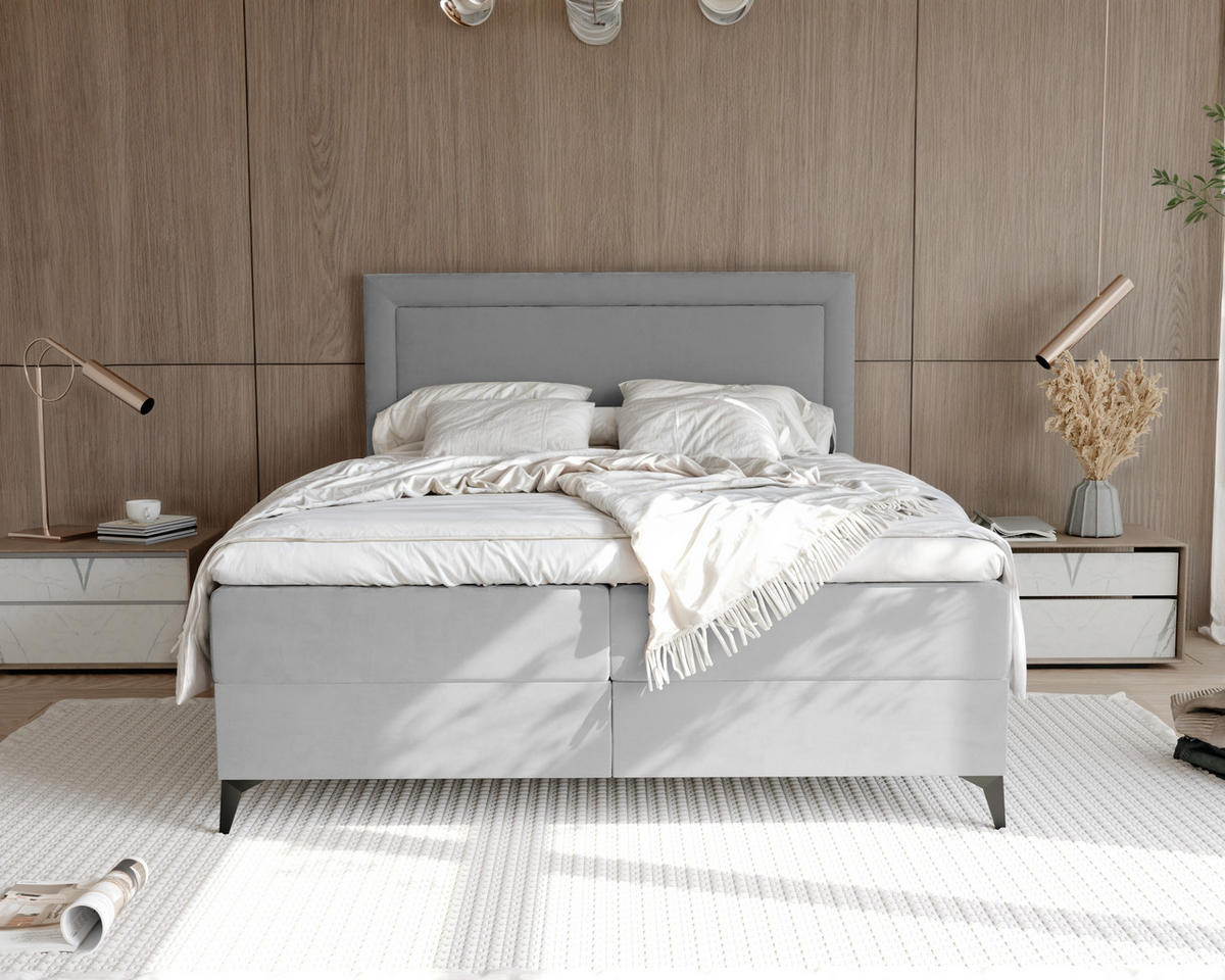 BOXBETT NERO 200/200 cm mit Matratze und Topper, Hellgrau - Hellgrau/Schwarz, Holzwerkstoff/Textil (200/200cm) - Idohome