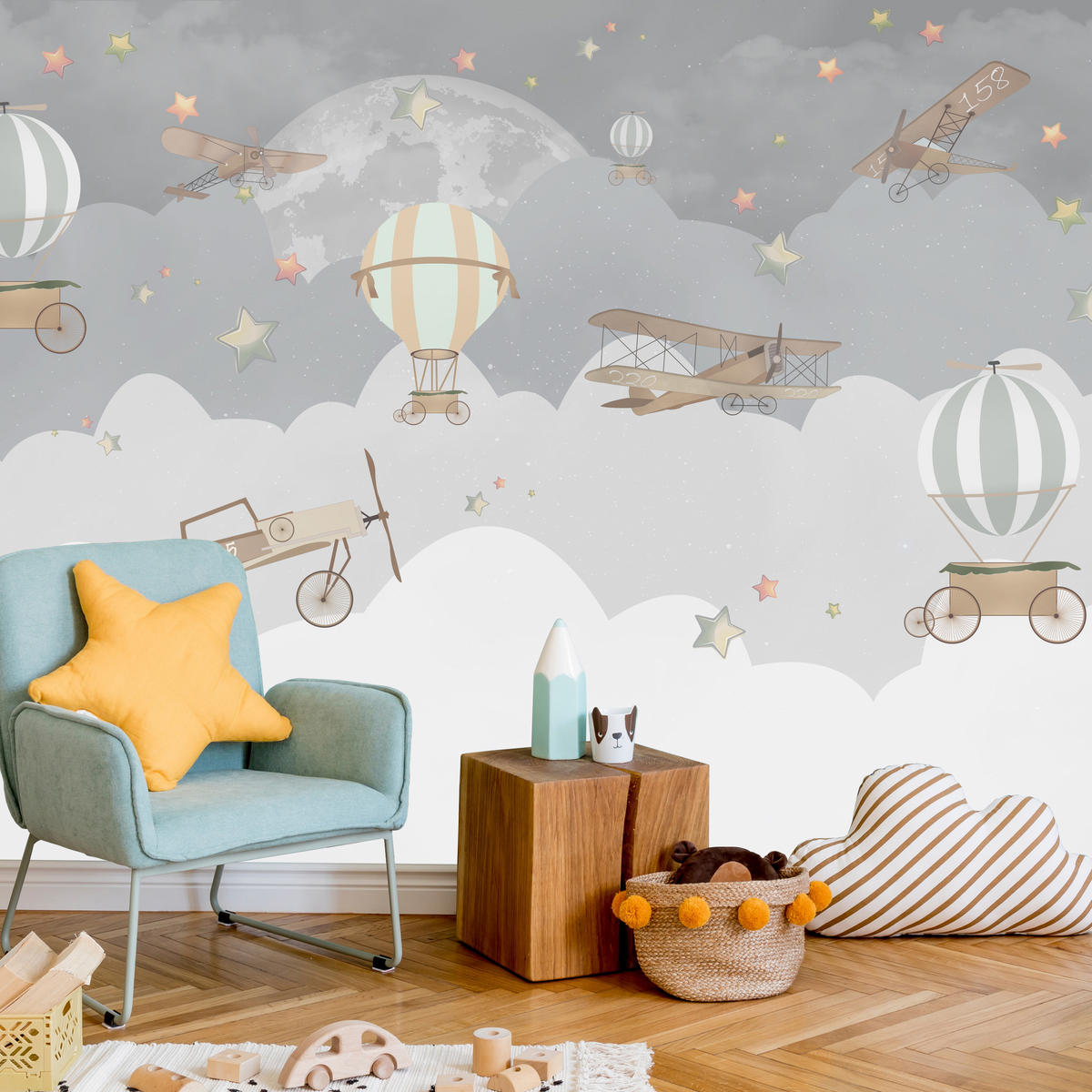 FOTOTAPETE für Kinderzimmer Ballons Wolken Flugzeug Himmel Sterne 250x175 - Multicolor, Papier (250/175cm) - Muralo