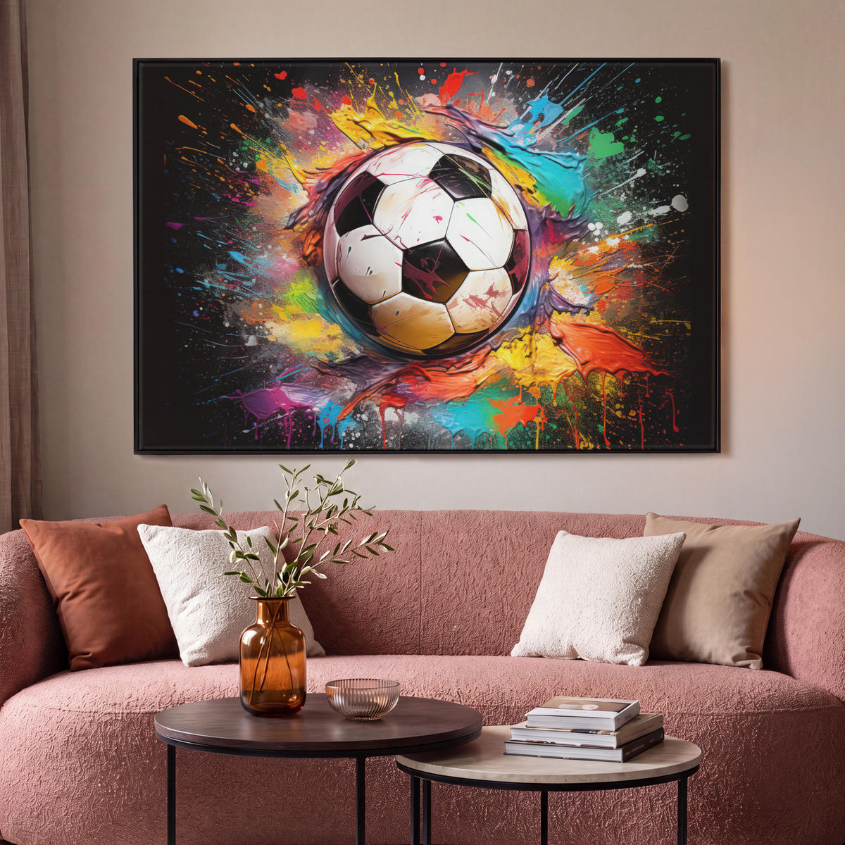 LEINWAND Bilder mit Rahmen - Fußball - Farbe - Farben - Schwarz - Weiß - 150x100 - Weiß, Textil (150/100cm) - MuchoWow