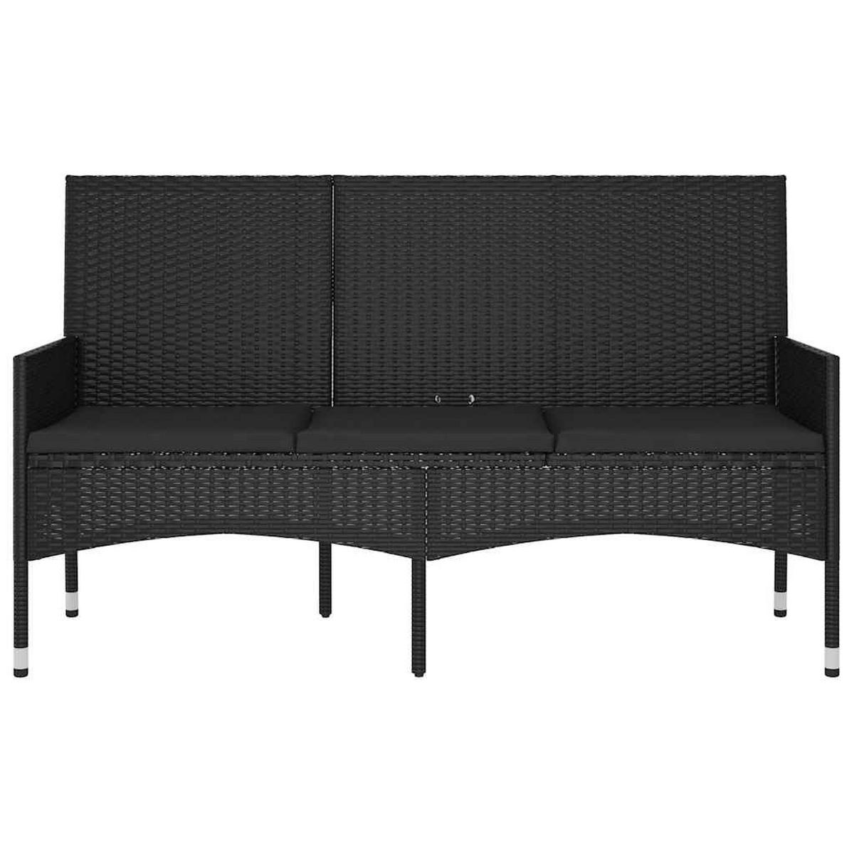 GARTENBANK 3-Sitzer mit Kissen Schwarz Poly Rattan - Schwarz, Holz (140/85/51cm) - furnicato