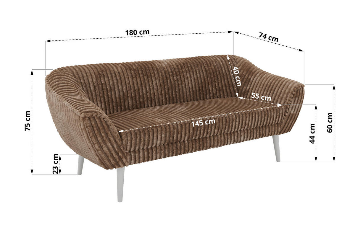TŘÍMÍSTNÁ POHOVKA PIRS 3 - Hnědá Manšestr - Bílé nohy - bílá/hnědá, kompozitní dřevo/textil (180/75/74cm) - MKS