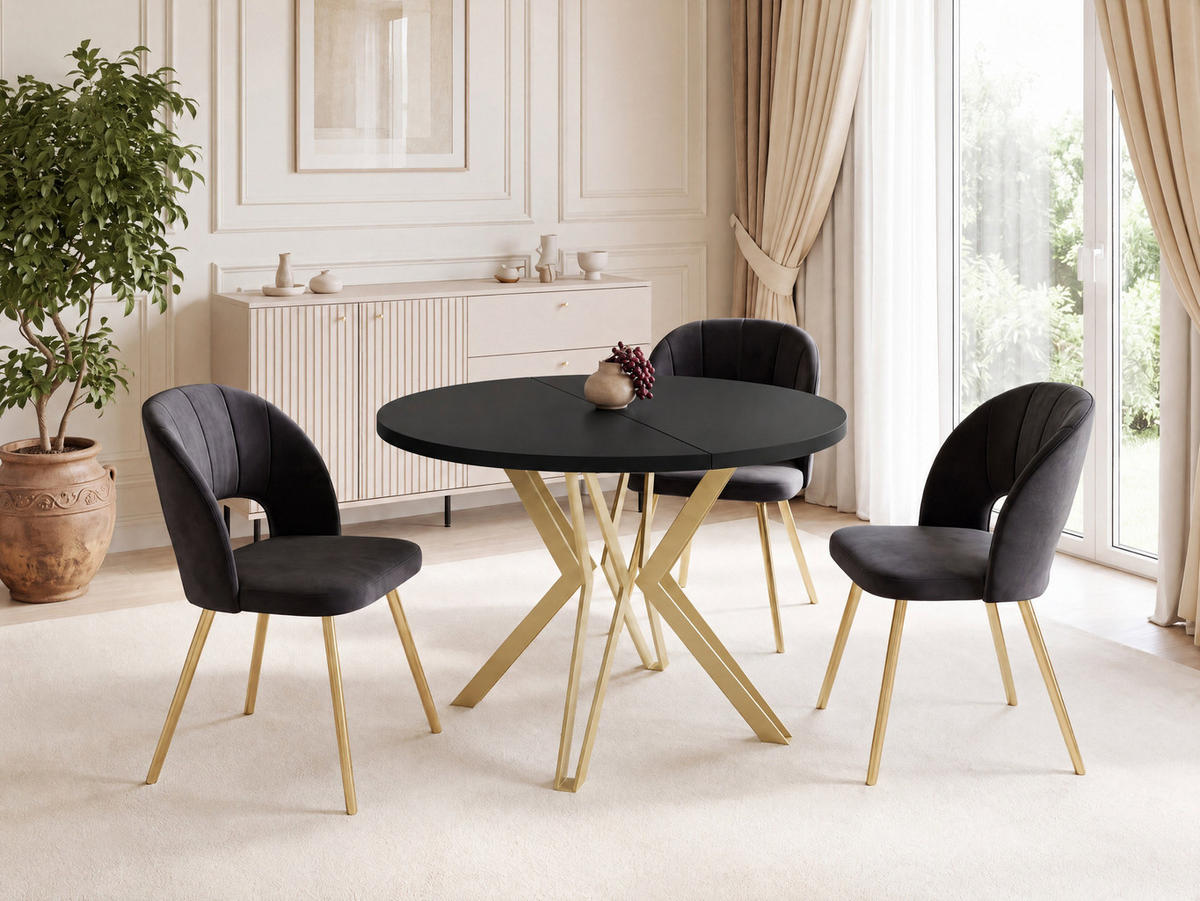 ESSTISCH Daisy runder ausziehbarer, Schwarz 100-180/100/76 cm - Goldfarben/Schwarz, Holzwerkstoff/Metall (100/180/76cm) - WFL GROUP