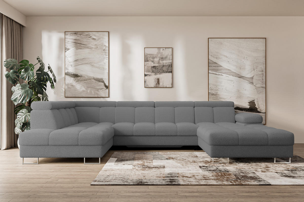 WOHNLANDSCHAFT mit Schlaffunktion und Bettkasten Ottomane Links COMA U 345x203x79 Grau Bouclé - Chromfarben, Holzwerkstoff/Textil (345/79/203cm) - ALTDECOR