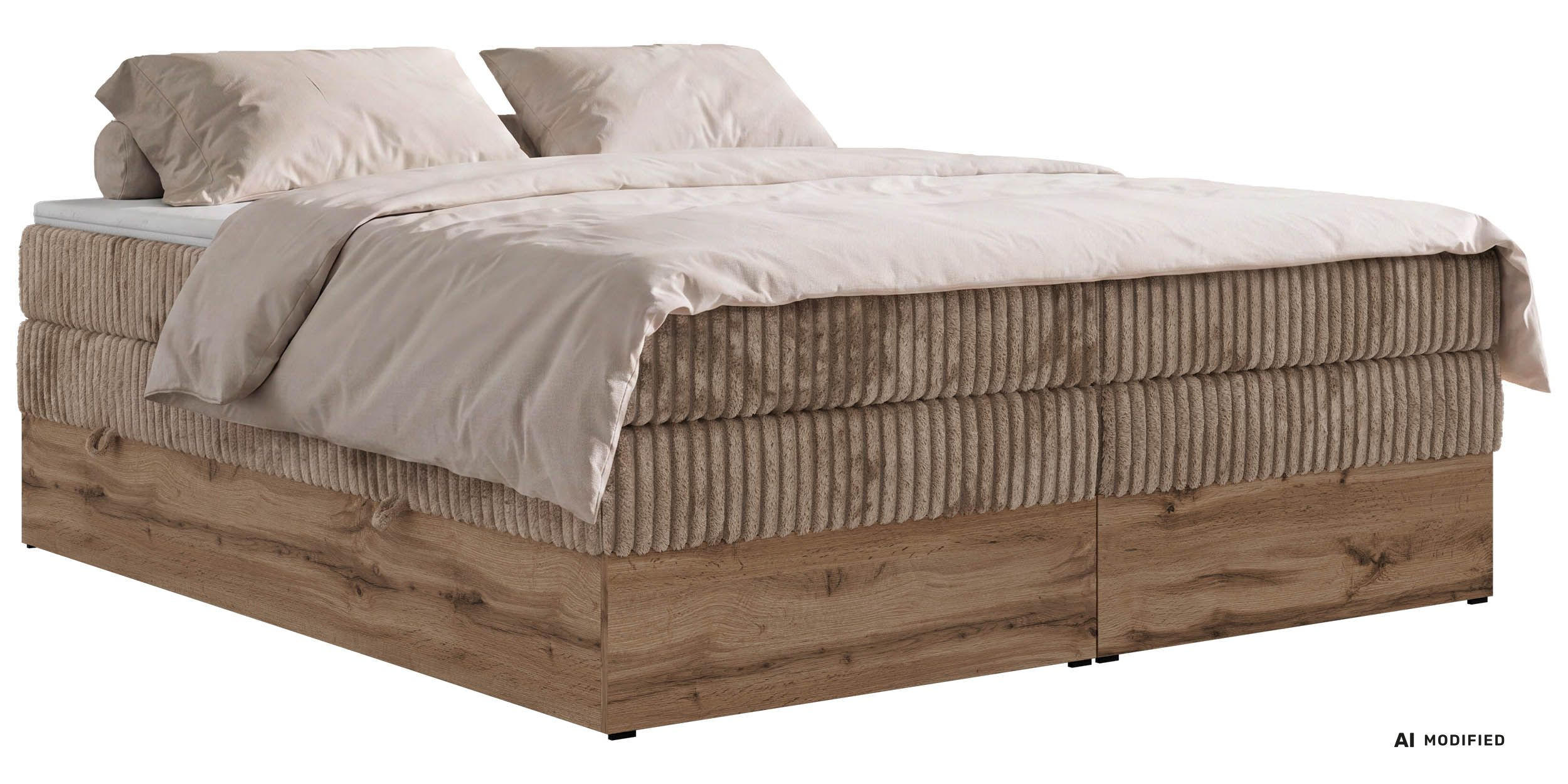 BOXSPRINGBETT WOOD ZERO KING 160/200 - Braun Cord - Topper Visco - H4 - Schwarz/Braun, Kunststoff/Textil (160/200cm) - MKS