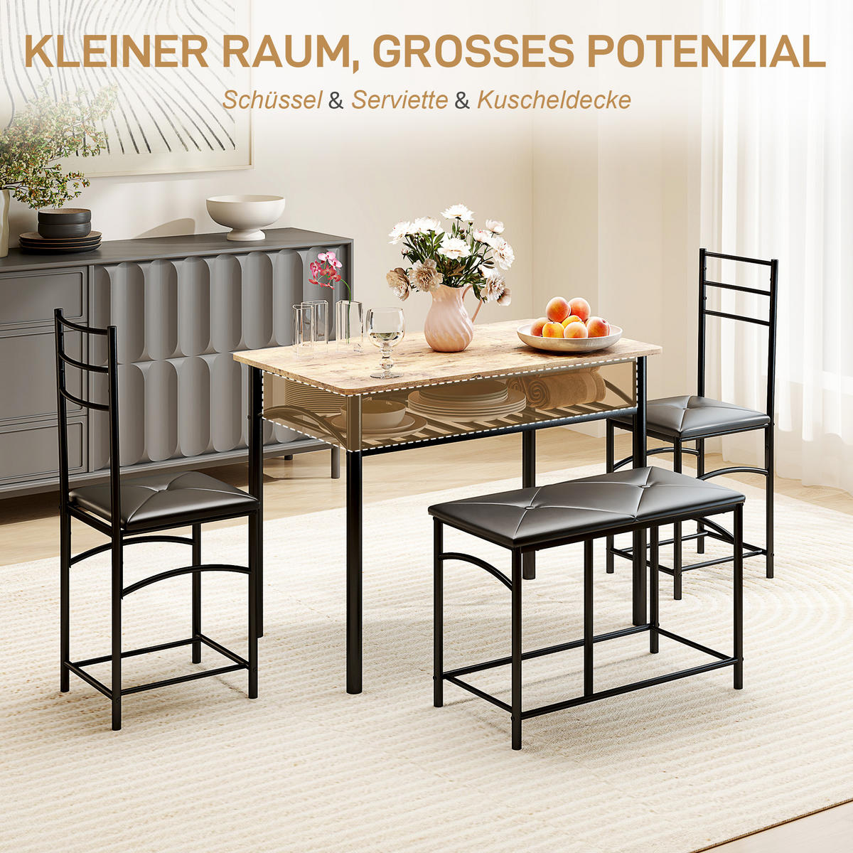 4-TEILIGES Esszimmer-Set, Platzsparendes Set mit Tisch, Stühlen und Bank, Braun - Braun, Metall (60/74.5/100cm) - HOMCOM