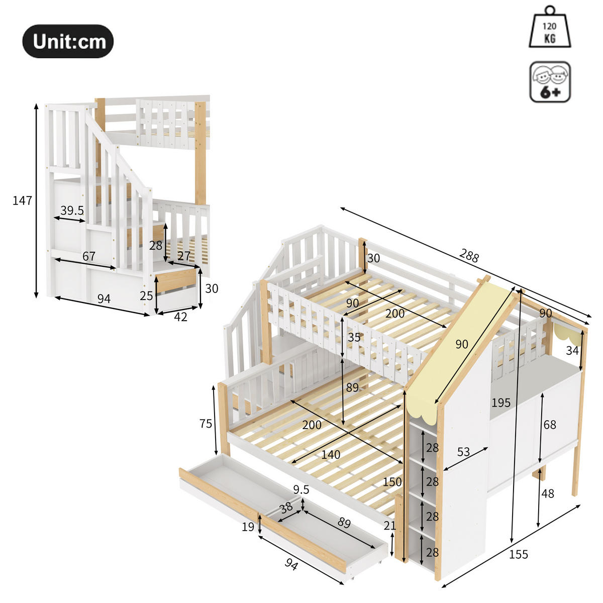ETAGENBETT 90/200 cm mit Stauraumleiter und Bettgitter in Weiß und Natur - Weiß, Holz (90/200cm) - OKWISH
