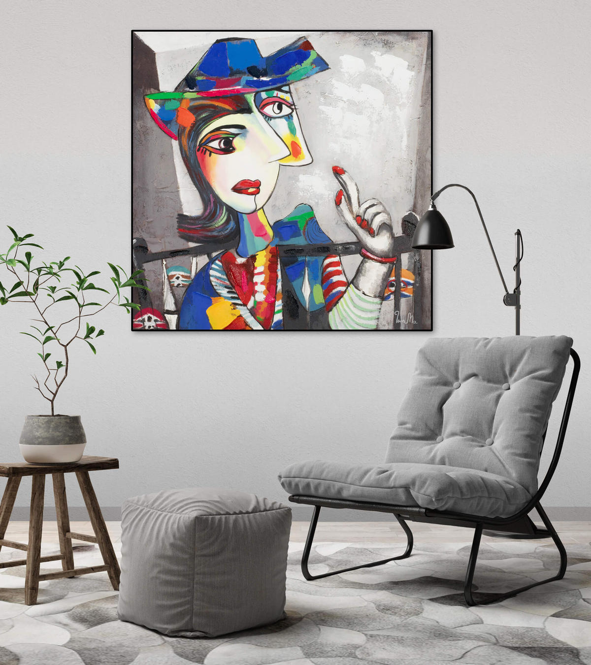 RUČNE MAĽOVANÝ AKRYLOVÝ OBRAZ 80/80 cm, sivý, figurálny motív - sivá, drevo/textil (80/80cm) - KUNSTLOFT