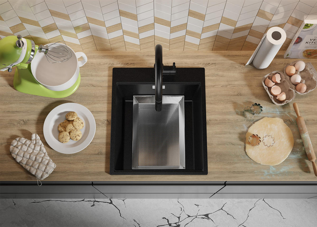 SPÜLBECKEN Oslo, 2-er set Alles Schwarz 43/50 cm 1 Becken + Ablauf-Set + Schneidebrett ab 45er Unterschrank - Schwarz, Kunststoff (43/20/50cm) - Primagran