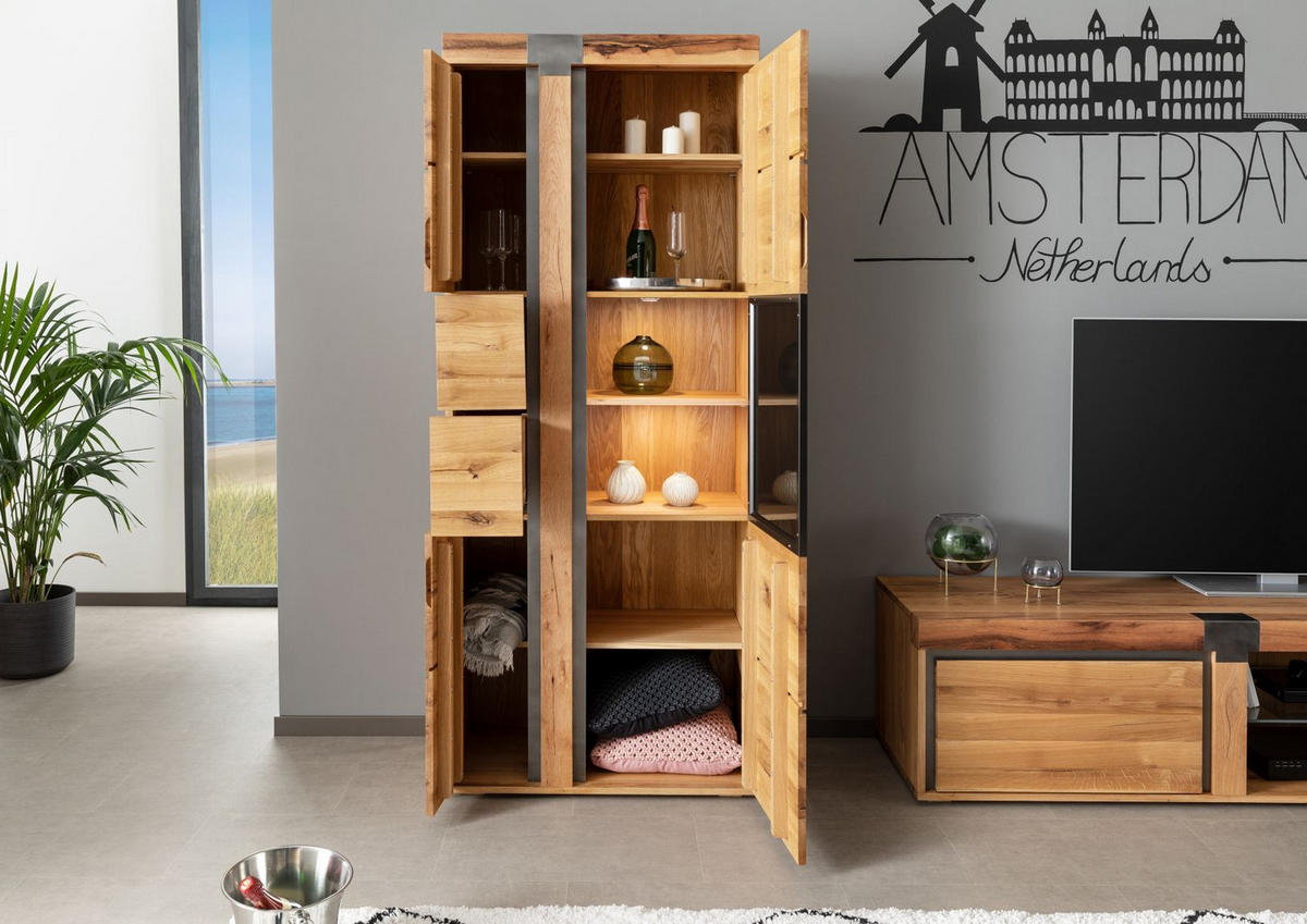 VITRINE Wildeiche / Zerreiche 80x45x204 natur geölt NEW AMSTERDAM #08 - Braun, Holz (80/204/45cm) - Massivmoebel24
