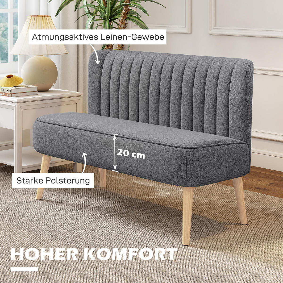2-SITZER Sofa Polstersofa Doppelsofa Zweisitzer Sofa mit Leinen-Optik Grau - Dunkelgrau/Naturfarben, Holz/Textil (56.5/77/117cm) - HOMCOM