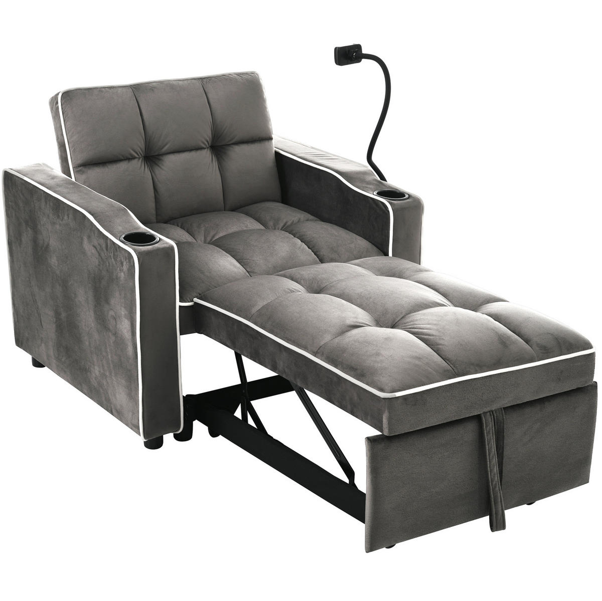 SCHLAFSESSEL aus Samt 83x167x76 cm Antik-Dunkelgrau 3-in-1 ausziehbar mit Getränkehaltern und Handyhalterung - Dunkelgrau, Kunststoff (167/76/83cm) - Modfu
