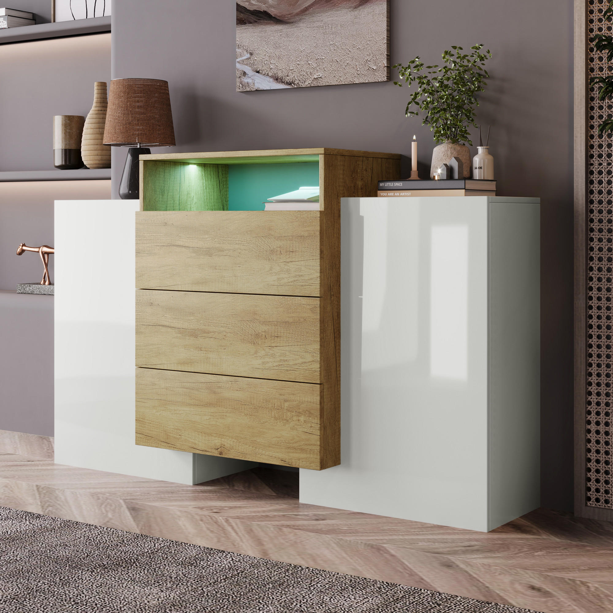 SIDEBOARD 140 cm Hochglanz LED weiß Holz - Naturfarben, Holz (140/77.5/30cm) - LEBENLANG