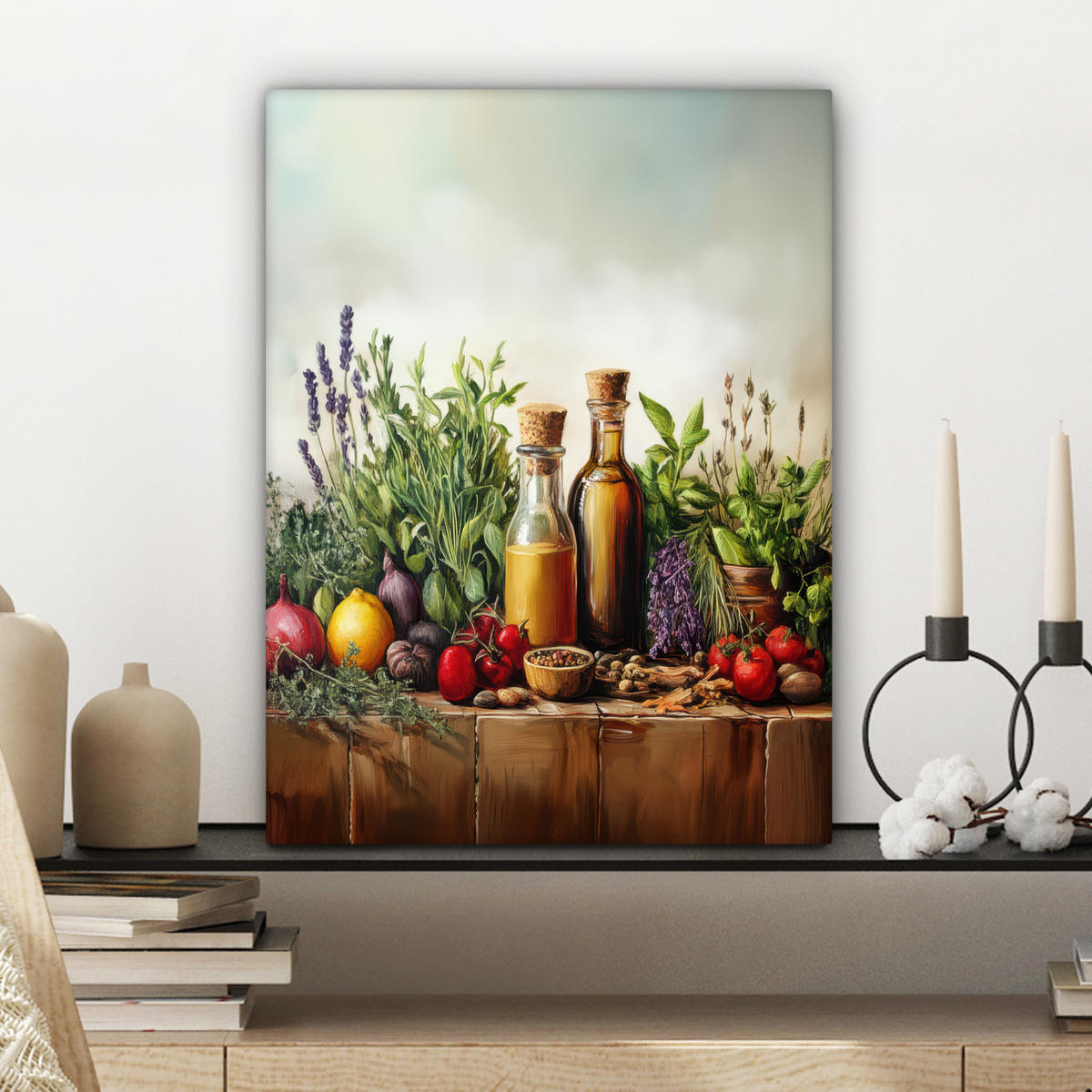 LEINWANDBILD Stilleben - Kräuter - Gewürze - Früchte - Farbenfroh Room Decor 30x40 cm - Grün, Textil (30/40cm) - MuchoWow