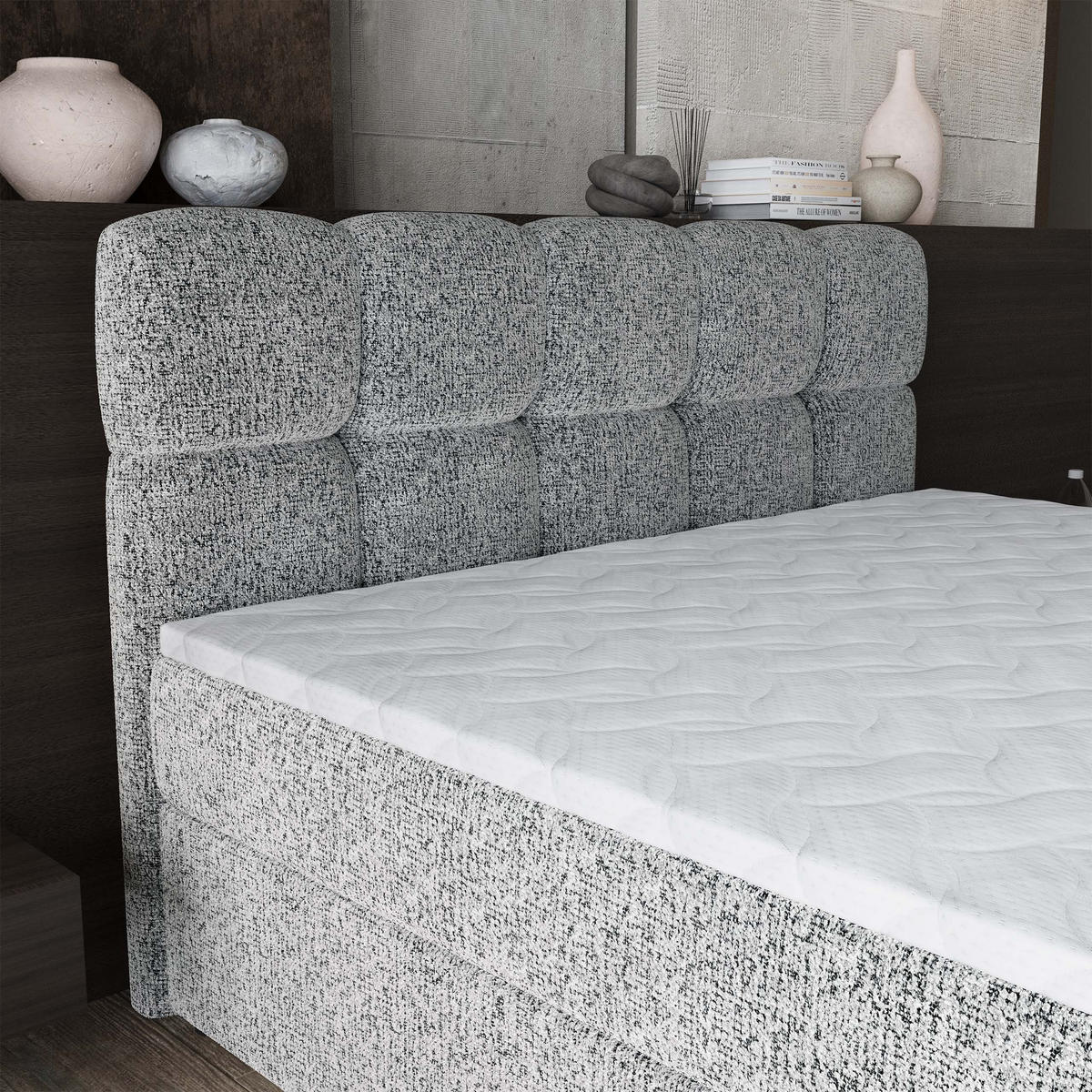 BOXBETT BRUME 140x200 cm mit Matratze und Topper, H2+H3 - Hellgrau - Hellgrau, Holz (140/200cm) - MASSENO