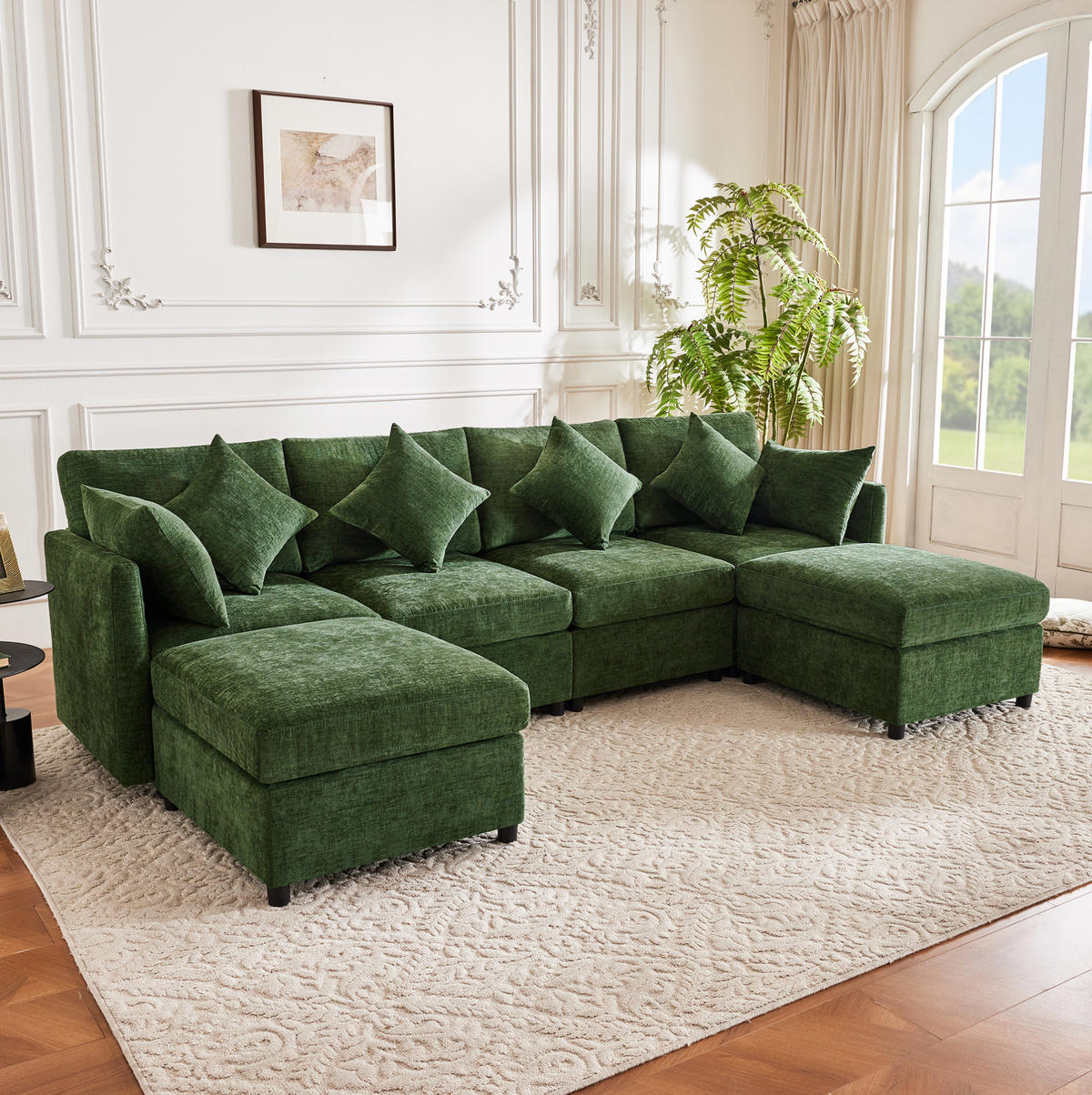 WOHNLANDSCHAFT aus Chenille 278x161x81 cm in Olivgrün mit 2 Hockern & 6 Kissen - Grün, Textil (161/81/278cm) - Modfu