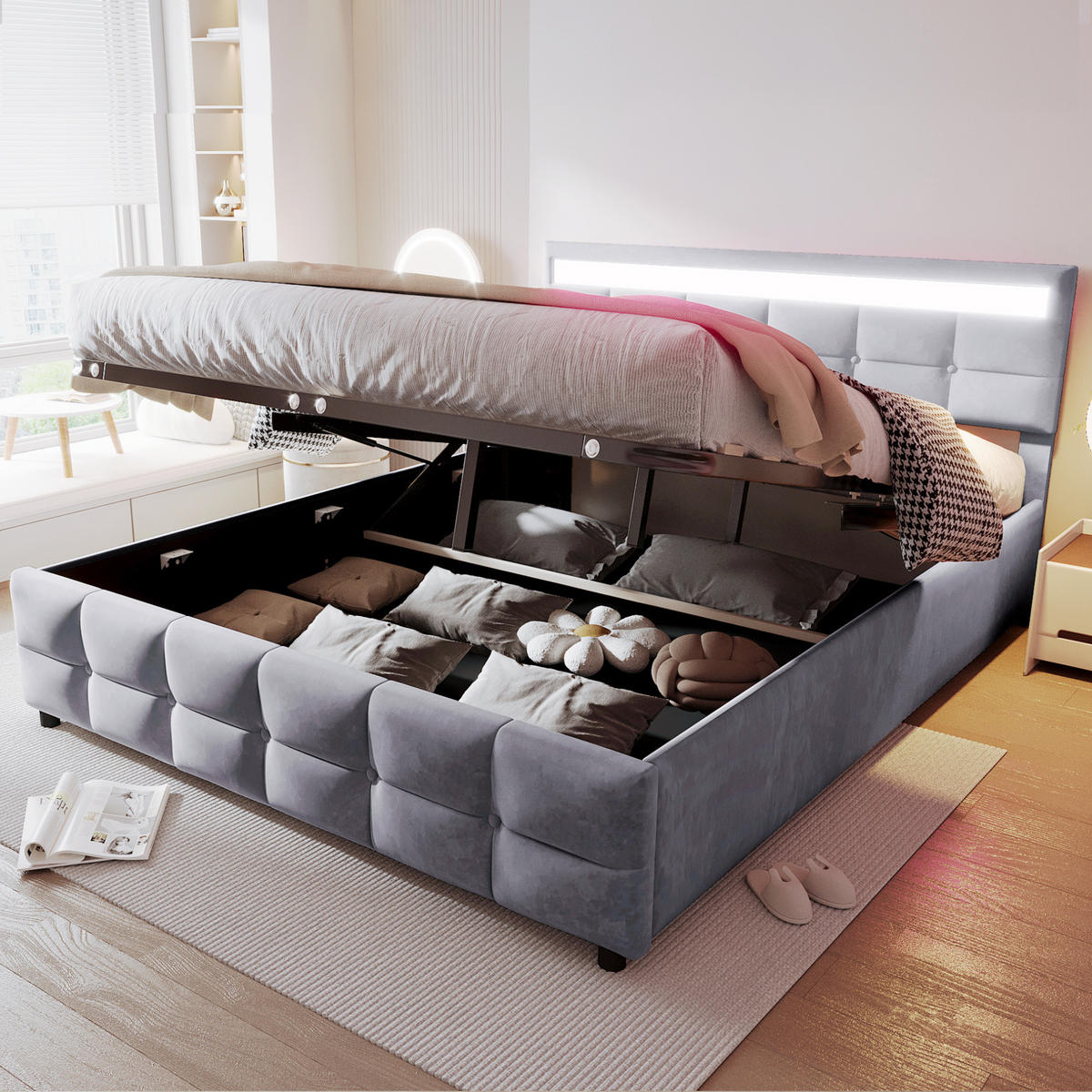 POLSTERBETT 180/200 cm in Grau Samt mit Bettkasten und LED - Grau, Holzwerkstoff/Textil (180/200cm) - WISHDOR