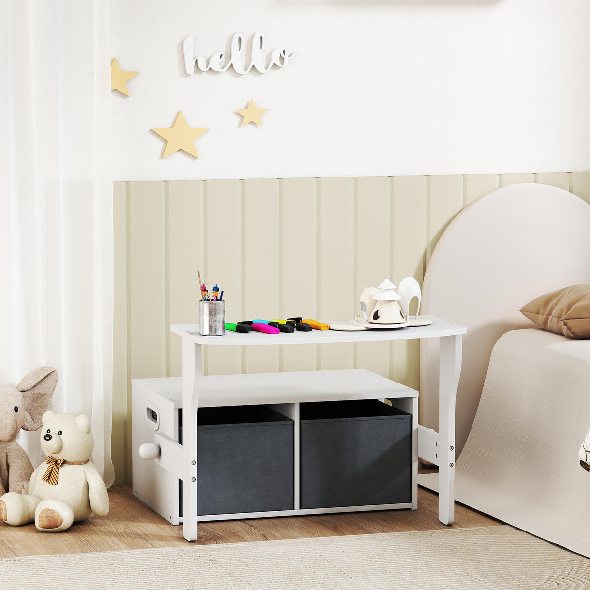 SPIELZEUGTRUHE DE-17273 3-in-1 mit Tisch, Stühlen & Stoffboxen Weiß - Weiß, Metall (46.5/67.6cm) - ComfortXL