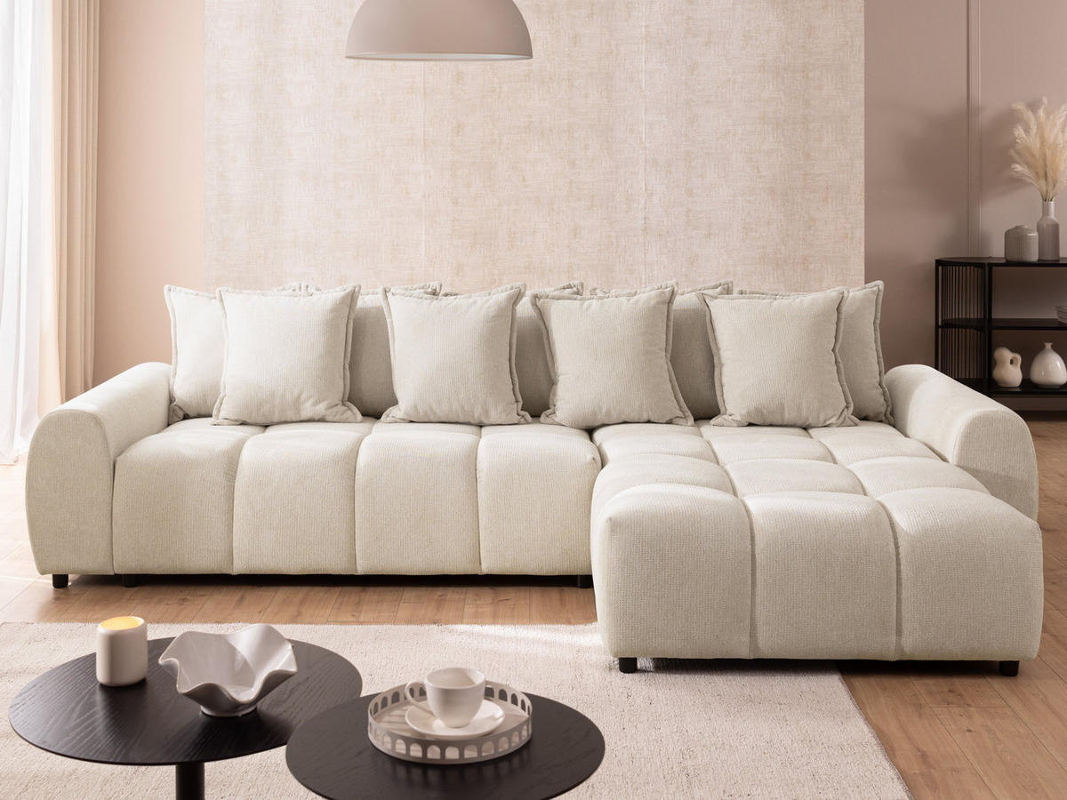 ECKSOFA Bubble mit losen Rückenkissen und Sitzfläche in Bubble-Optik aus weichem Hellbeige Strukturstoff mit schöner Sitzkomfort - Ottomane rechts - Beige/Schwarz, Holz/Kunststoff (306/180cm) - S-Style Möbel